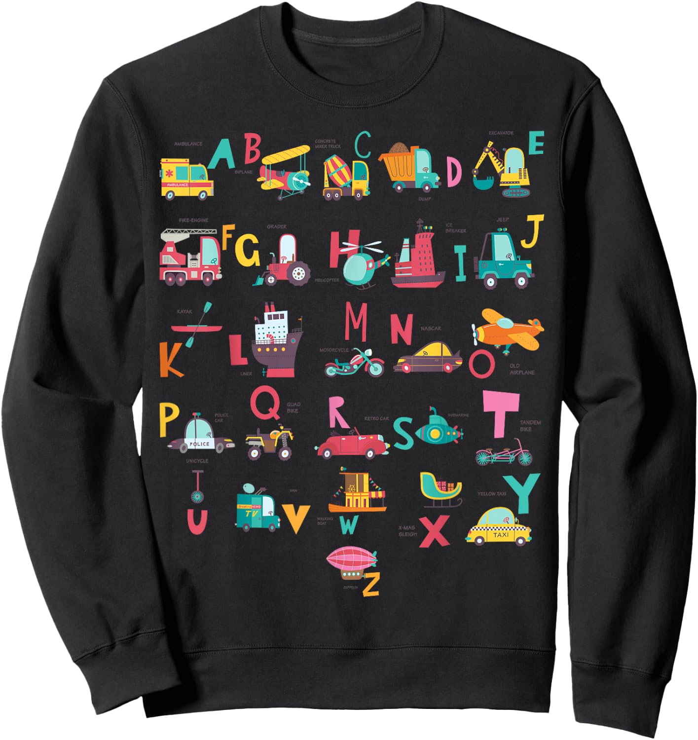 Ambulance Excavator Helicopter Truck Vehicles ABC Toddler Sweatshirt - Sweatshirt | Black