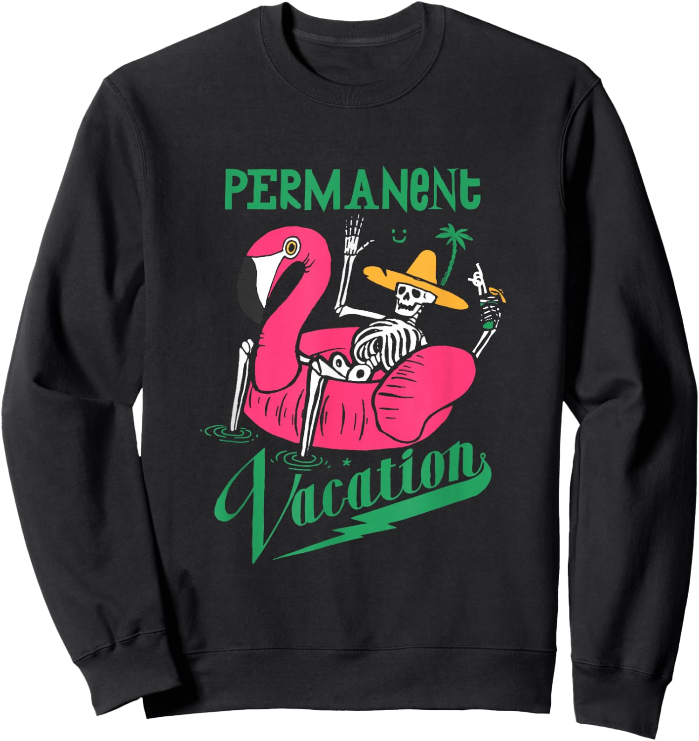 Skeleton on Pool Flamingo. Permanent Vacation Sweatshirt - Sweatshirt | Black