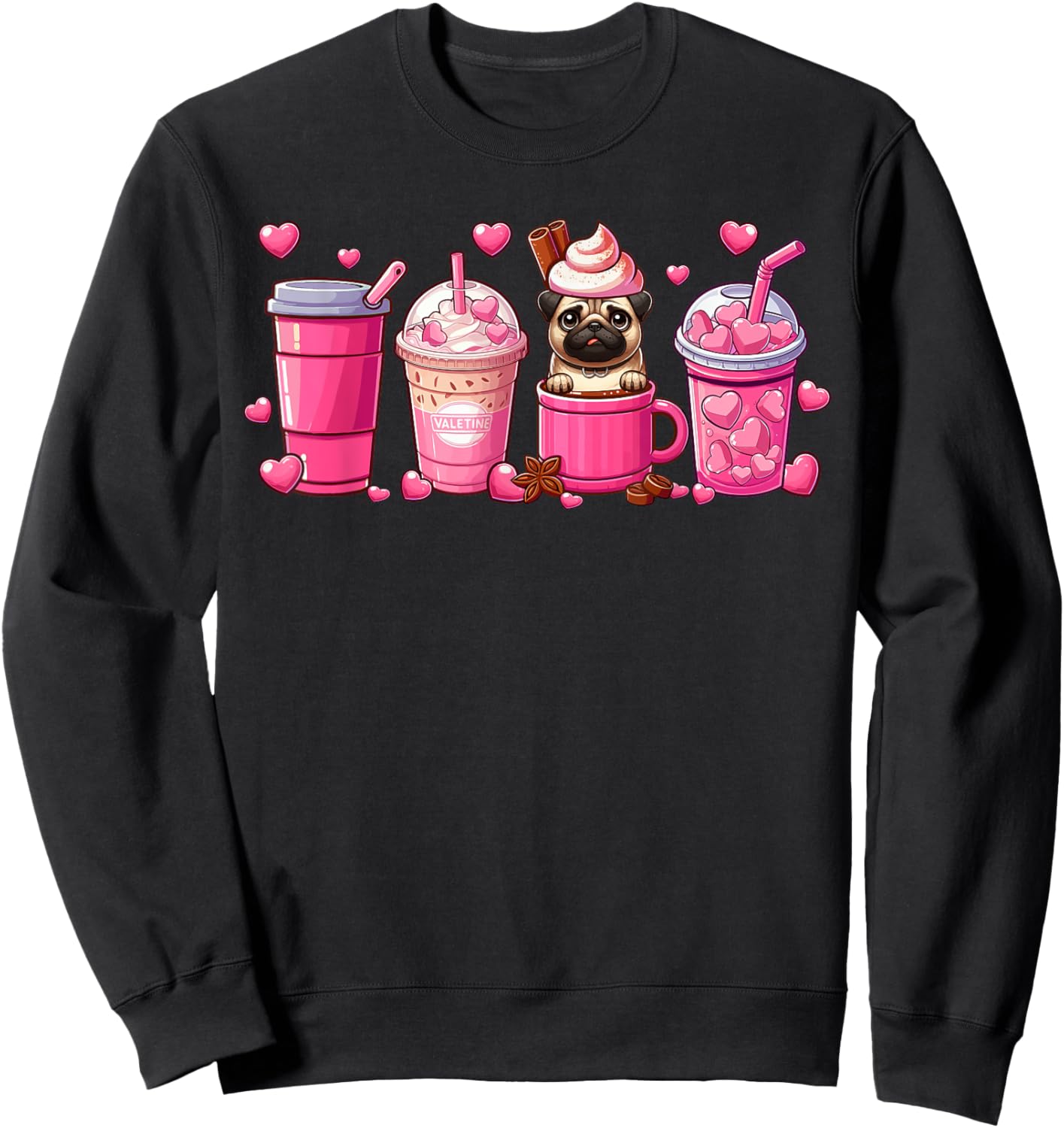 Pug Inside Cup Coffees Lover Valentine's Day Hearts Sweatshirt - Sweatshirt | Black