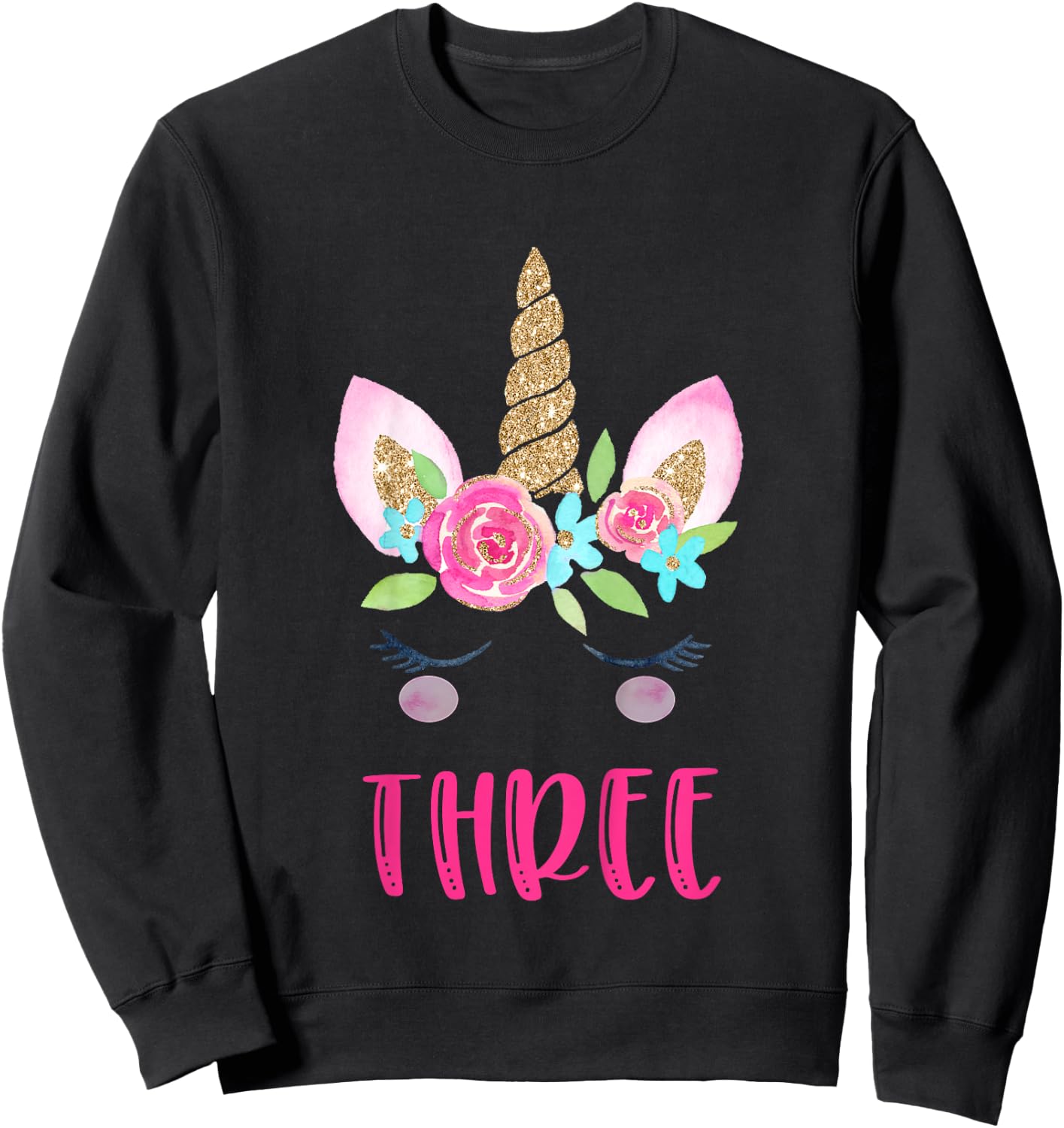 Three Unicorn Birthday Girl Shirt 3 Year Old Cute Sweatshirt - Sweatshirt | Black