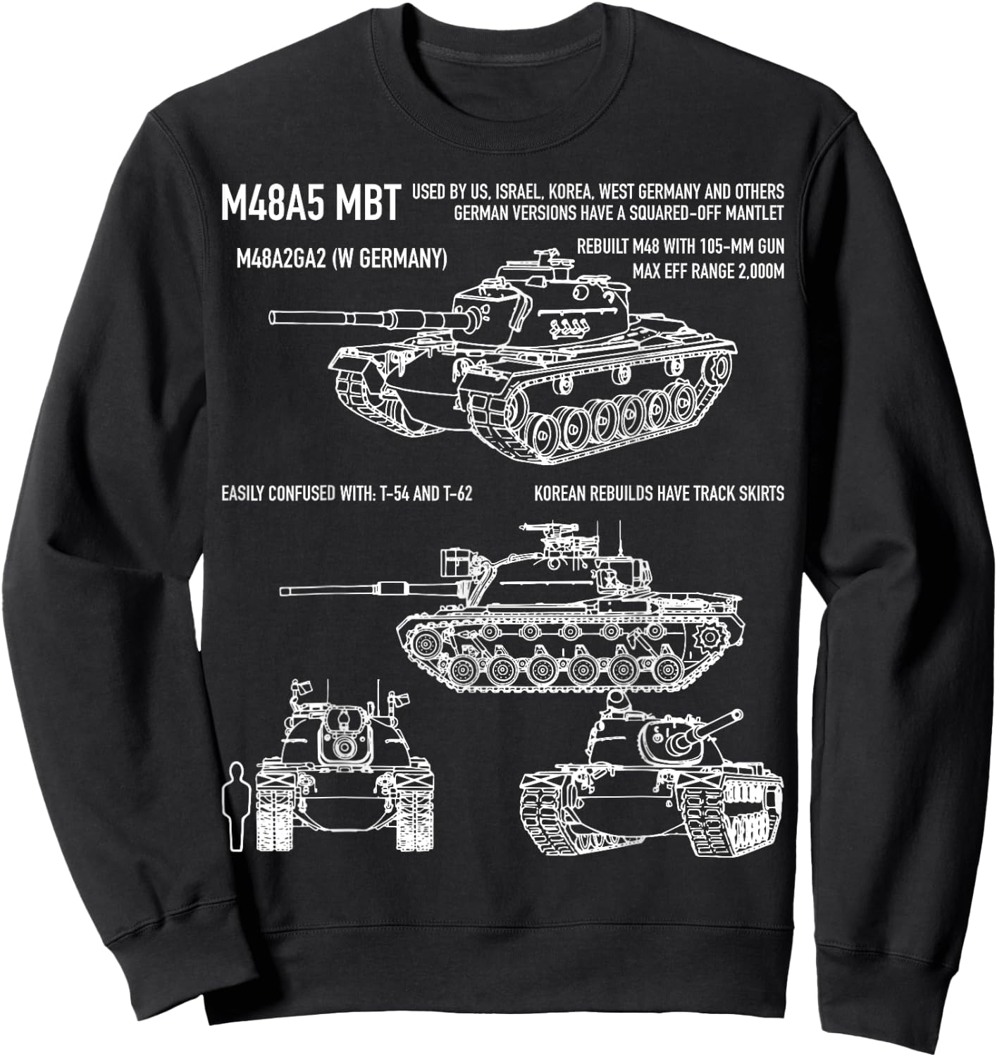 M48 A5 Patton Tank American Blueprint Diagram Sweatshirt - Sweatshirt | Black