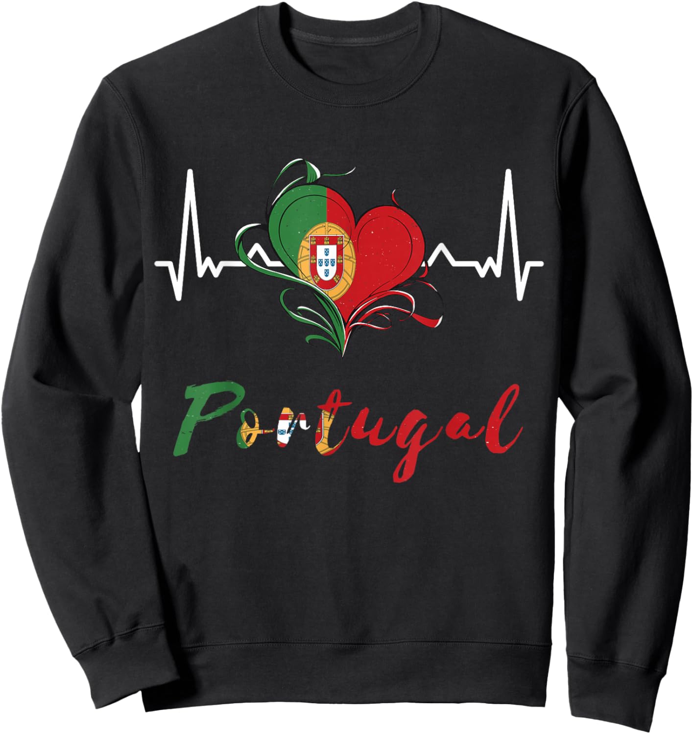 Portugal Flagge Herzschlag EKG Pulse Portugiesische Wurzeln Herz Sweatshirt - Sweatshirt | Black