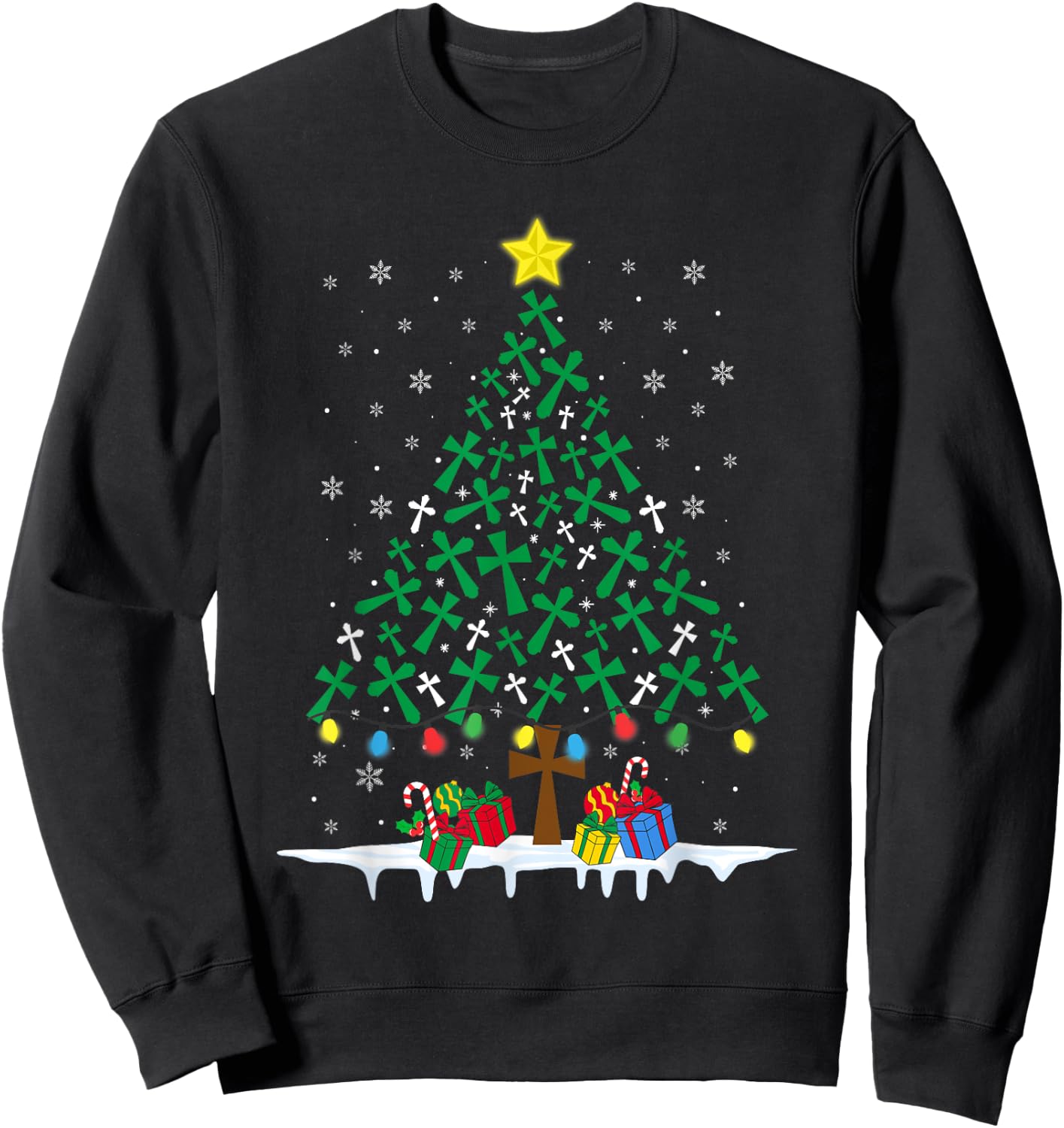 Faith Cross Christian Holiday Family Matching Christmas Tree Sweatshirt - Sweatshirt | Black