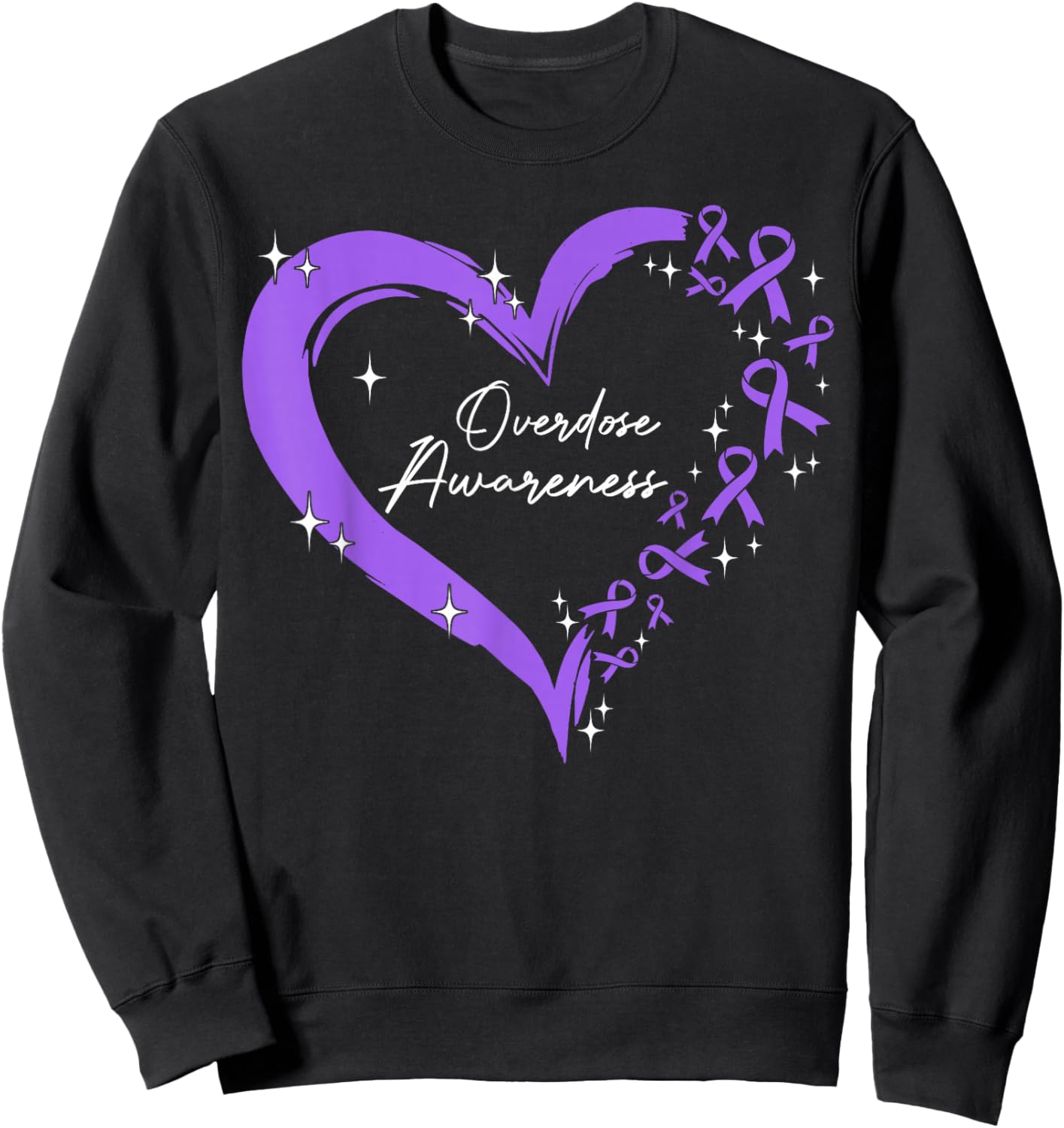 Overdose Awareness Purple Ribbon Drug Addiction Heart Sweatshirt - Sweatshirt | Black