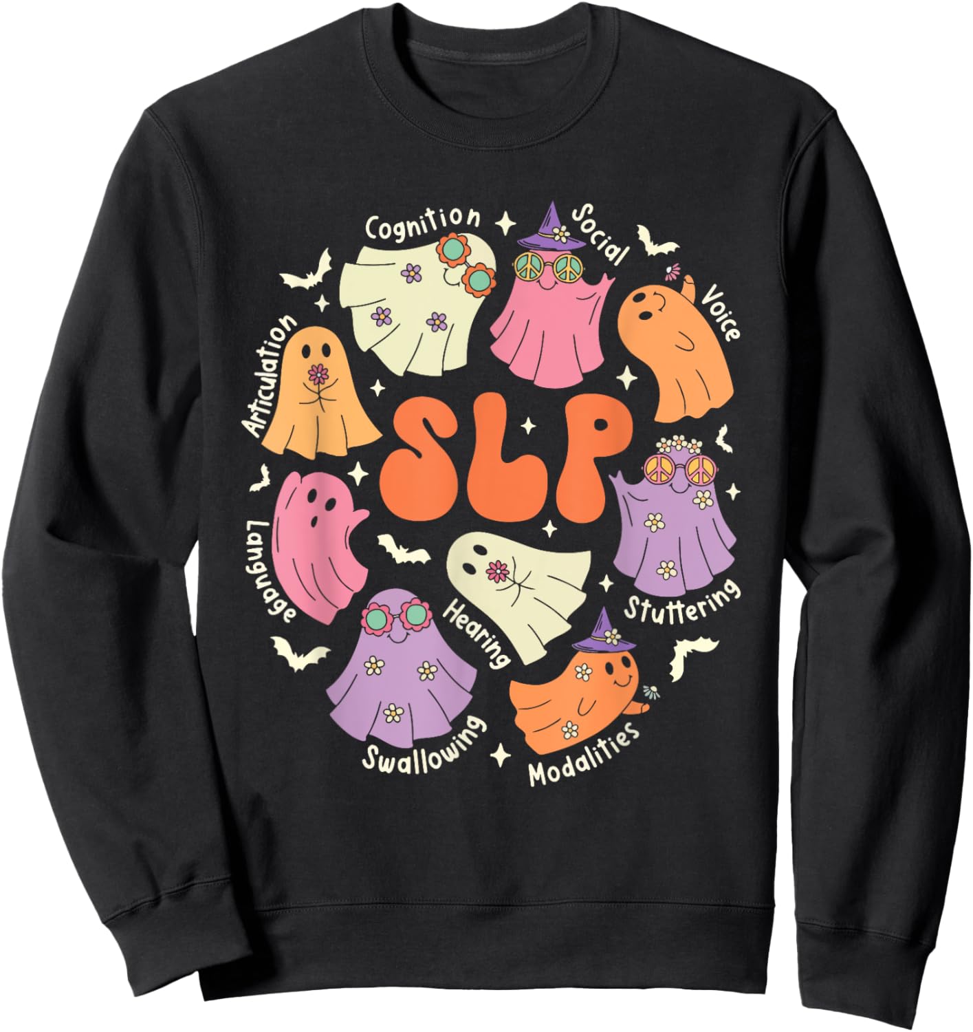 Cute Ghost Friends Halloween AAC SLP Squad Speech Language Sweatshirt - Sweatshirt | Black