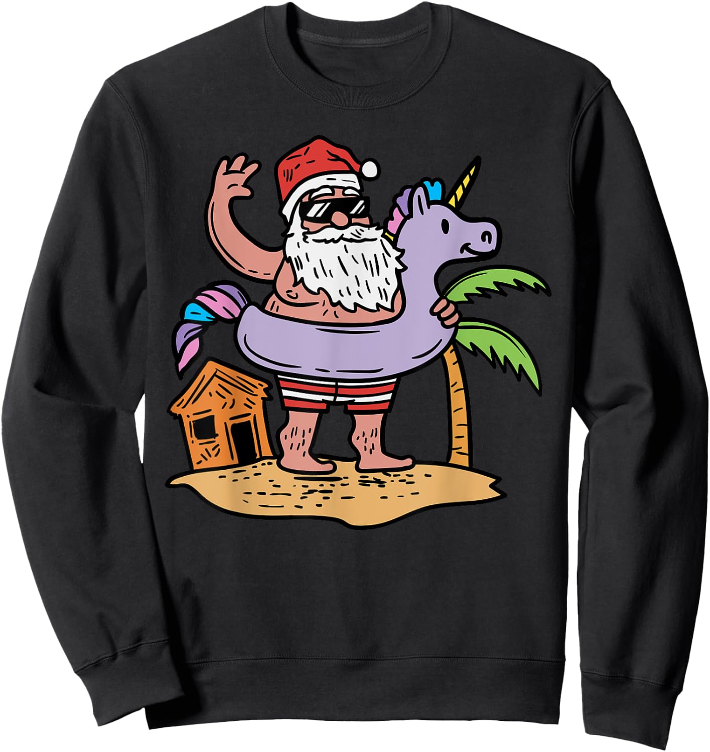 Summer Santa Unicorn Floater Funny Christmas July Beach Gift Women Kids Sweatshirt - Sweatshirt | Black
