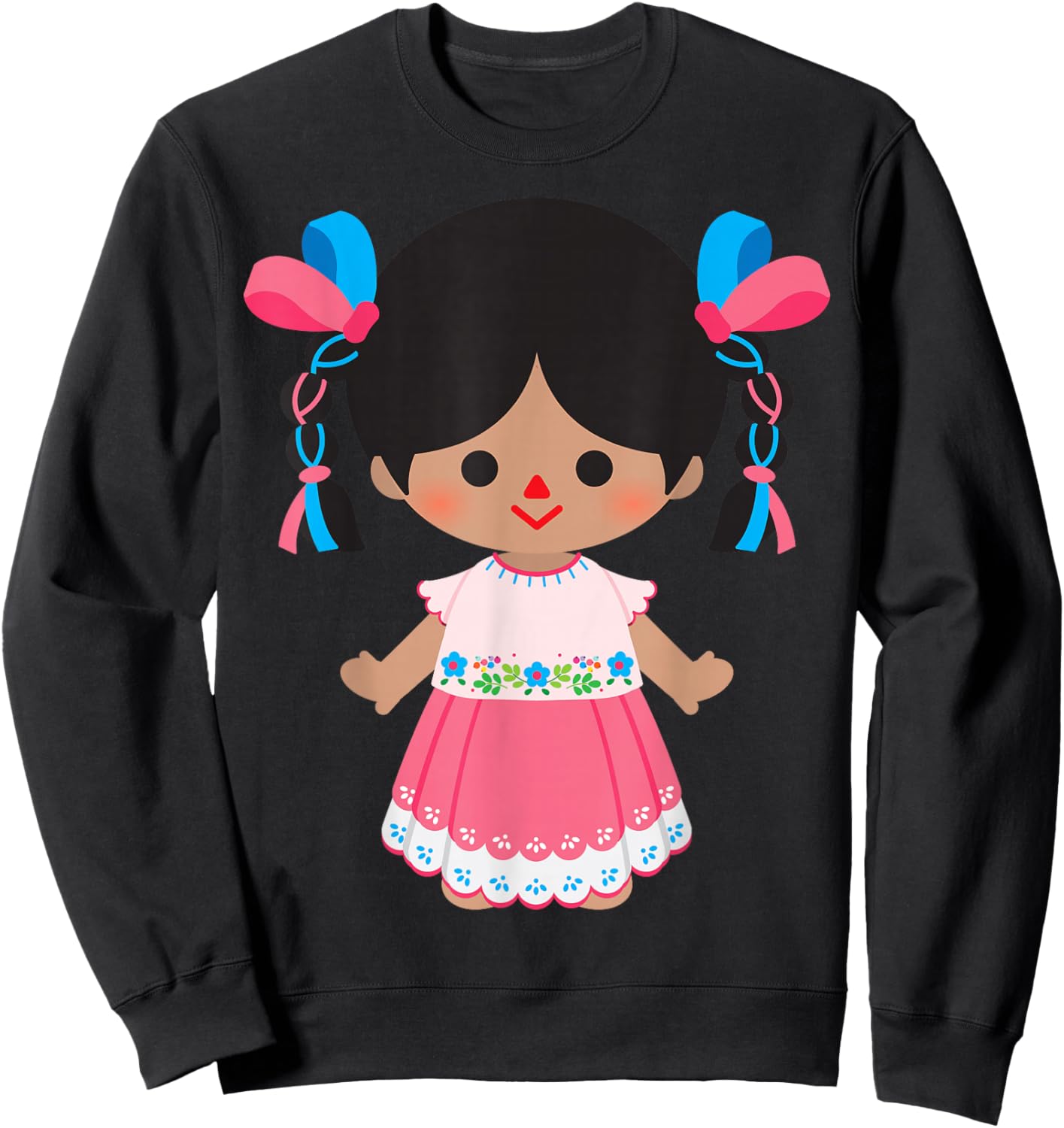 Mexican Doll Maria Mazahua Otomi Lele Traditional Handmade Sweatshirt - Sweatshirt | Black