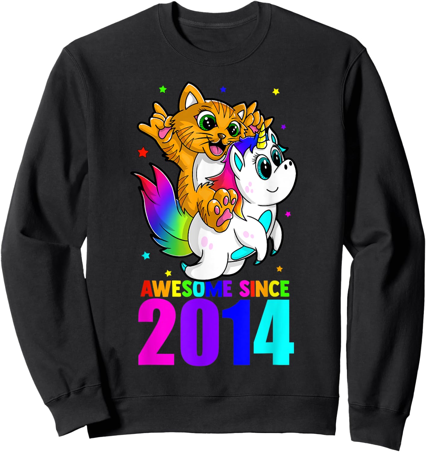 Awesome Since 2014 Unicorn Cat Birthday Girl Boys Cute Kids Sweatshirt - Sweatshirt | Black