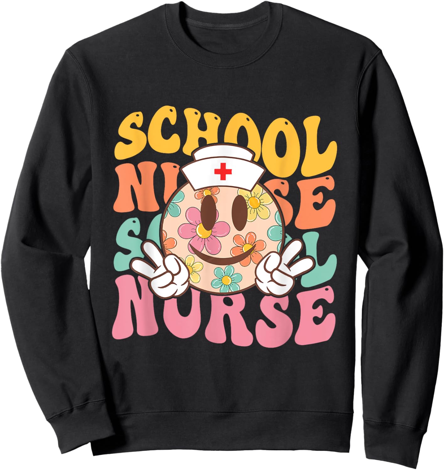 Retro groovy Smile face School Nurse back to school women Sweatshirt - Sweatshirt | Black