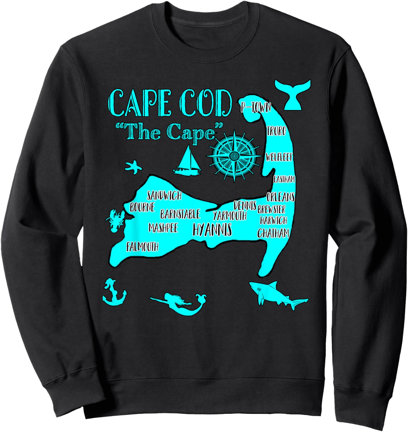 Cape Cod Aqua Blue Nautical Symbols Fish Map Sweatshirt - Sweatshirt | Black