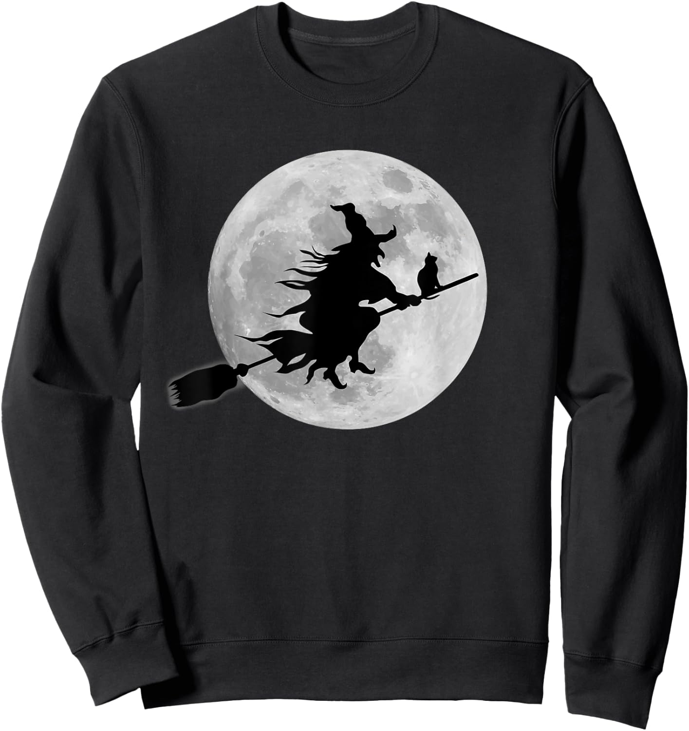 Flying Witch On Broomstick Halloween Full Moon Black Cat Women Kids Sweatshirt - Sweatshirt | Black