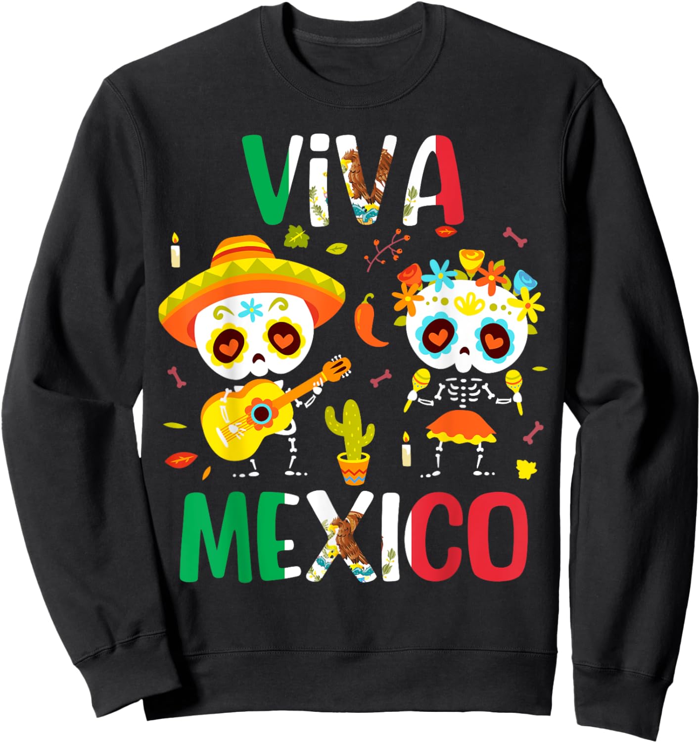 Viva Mexico Shirt Women Boys Girls Kids Mexican Flag Fiesta Sweatshirt - Sweatshirt | Black