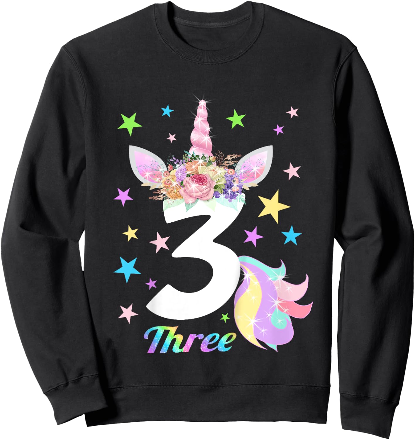 Number 3 (Three) 3 Year Old Unicorn 3rd Birthday Shirt Sweatshirt - Sweatshirt | Black