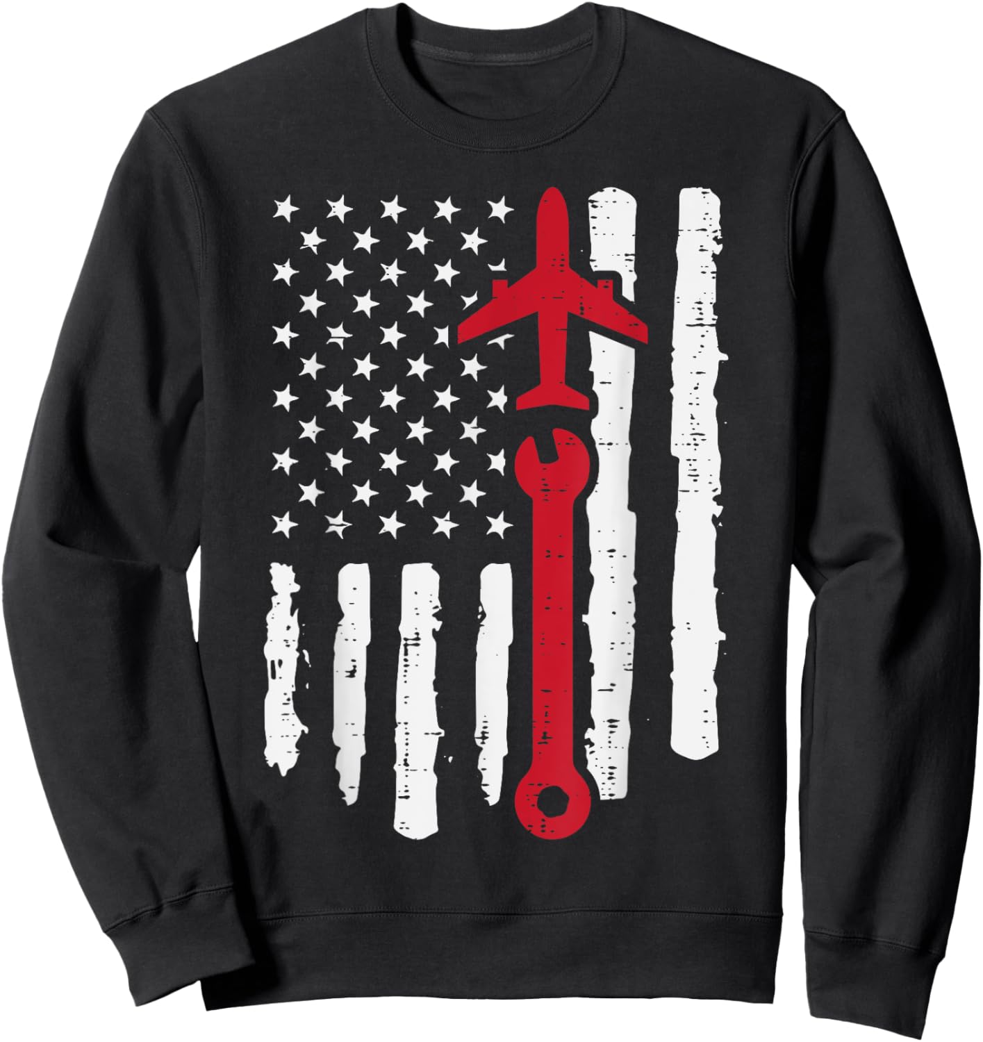 US Flag Airplane Wrench Aircraft Mechanic Patriot Men Women Sweatshirt - Sweatshirt | Black