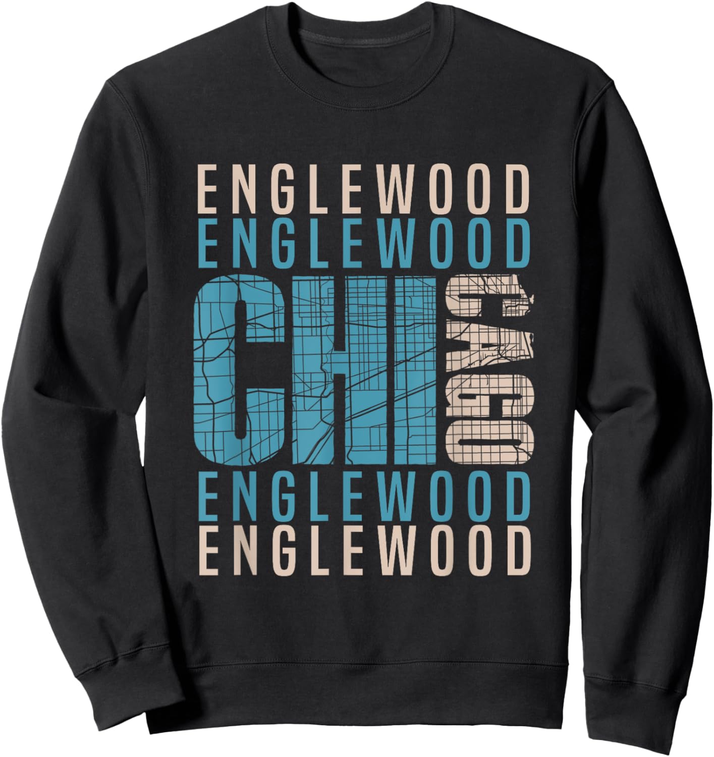 Chicago Englewood Chi-Town Neighborhood Map Sweatshirt - Sweatshirt | Black