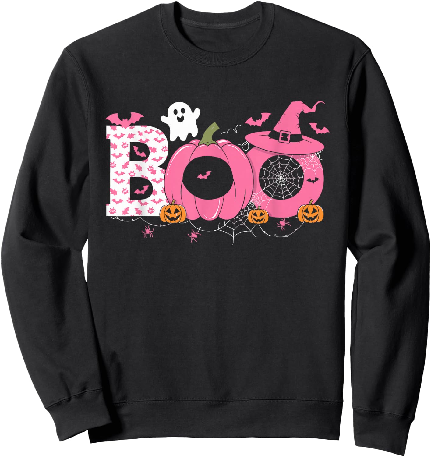 Boo Halloween Pumpkin Pink Ribbon Witch Breast Cancer Sweatshirt - Sweatshirt | Black