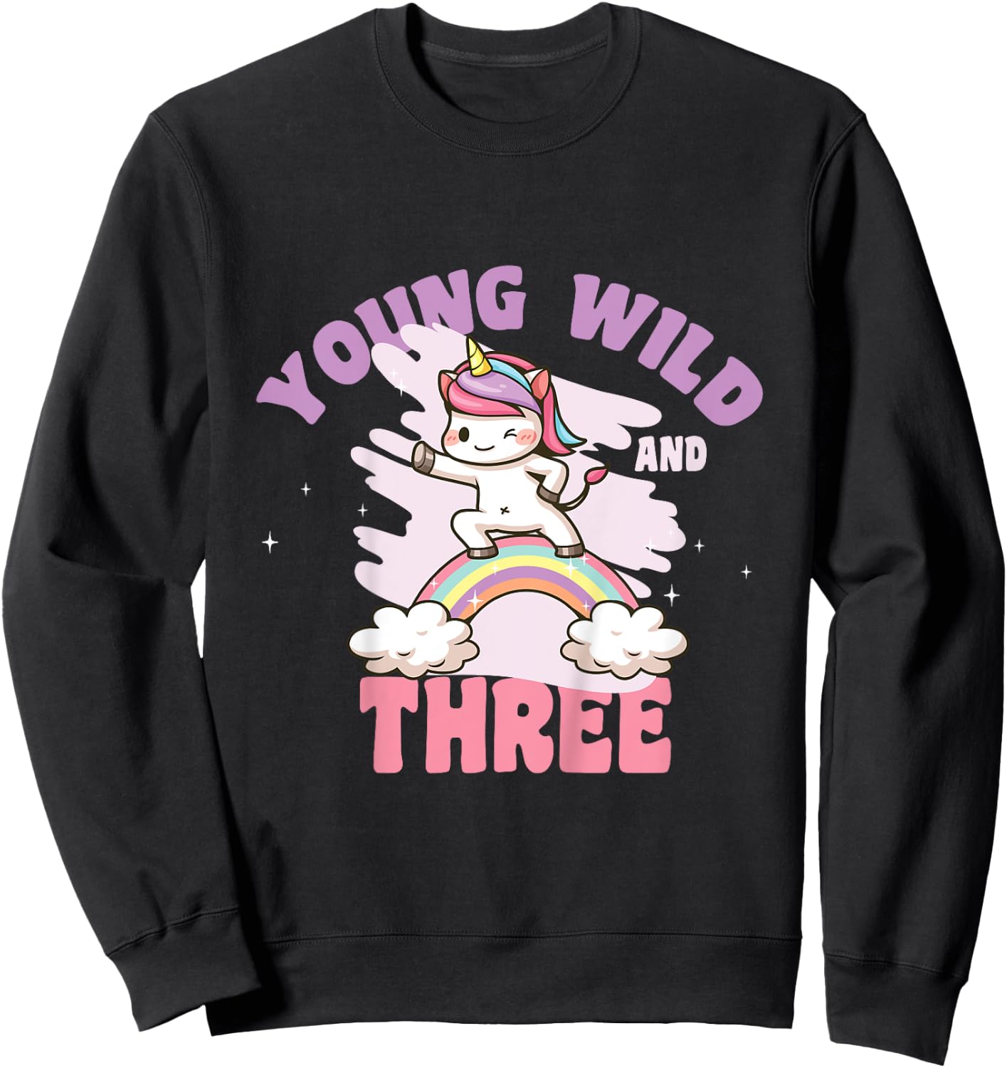 Young Wild & Three - Funny 3rd Birthday Kids Unicorn Girls Sweatshirt - Sweatshirt | Black