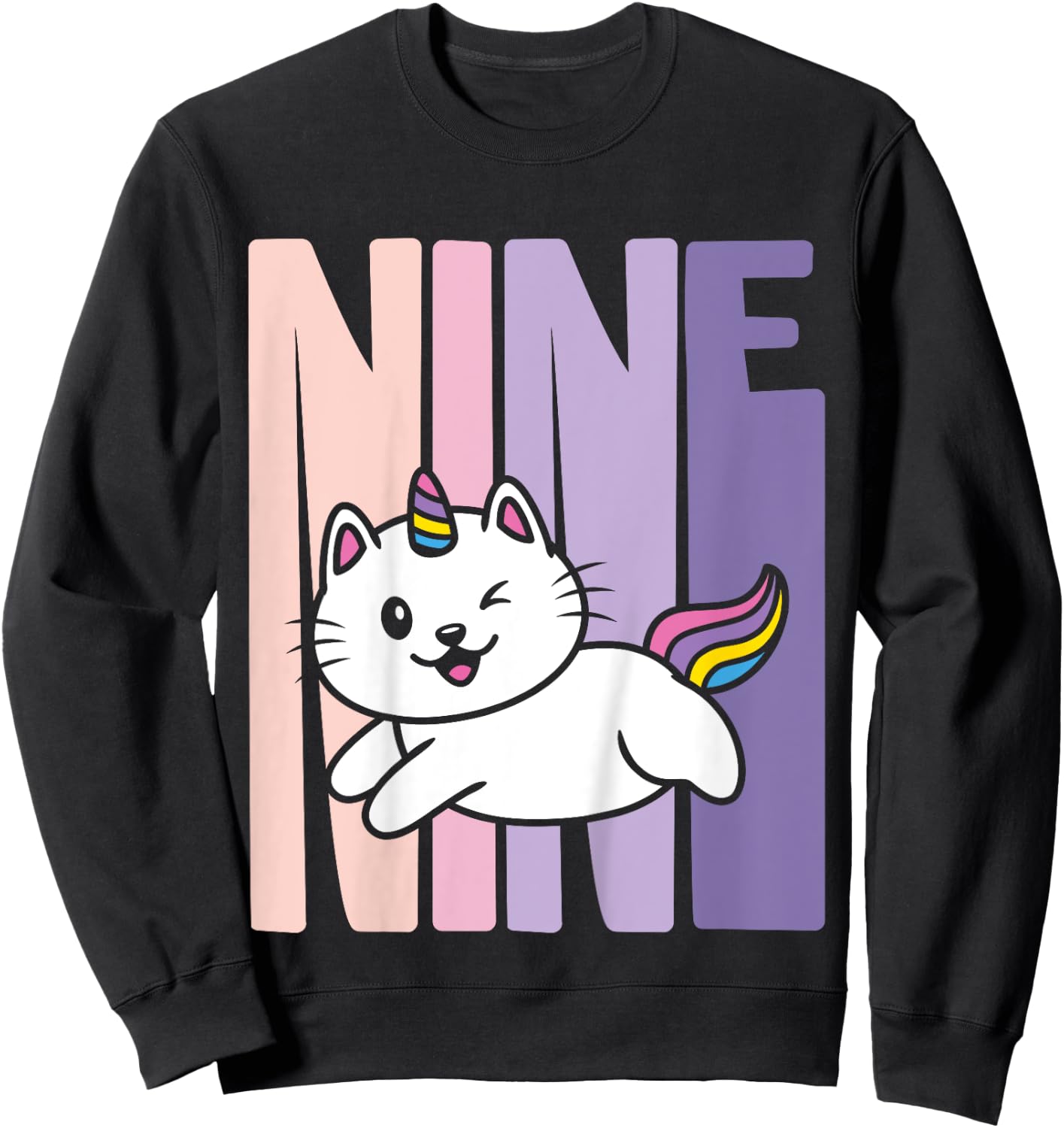 9 Year Old Cute Caticorn Cat Unicorn Birthday Girl B-day Sweatshirt - Sweatshirt | Black