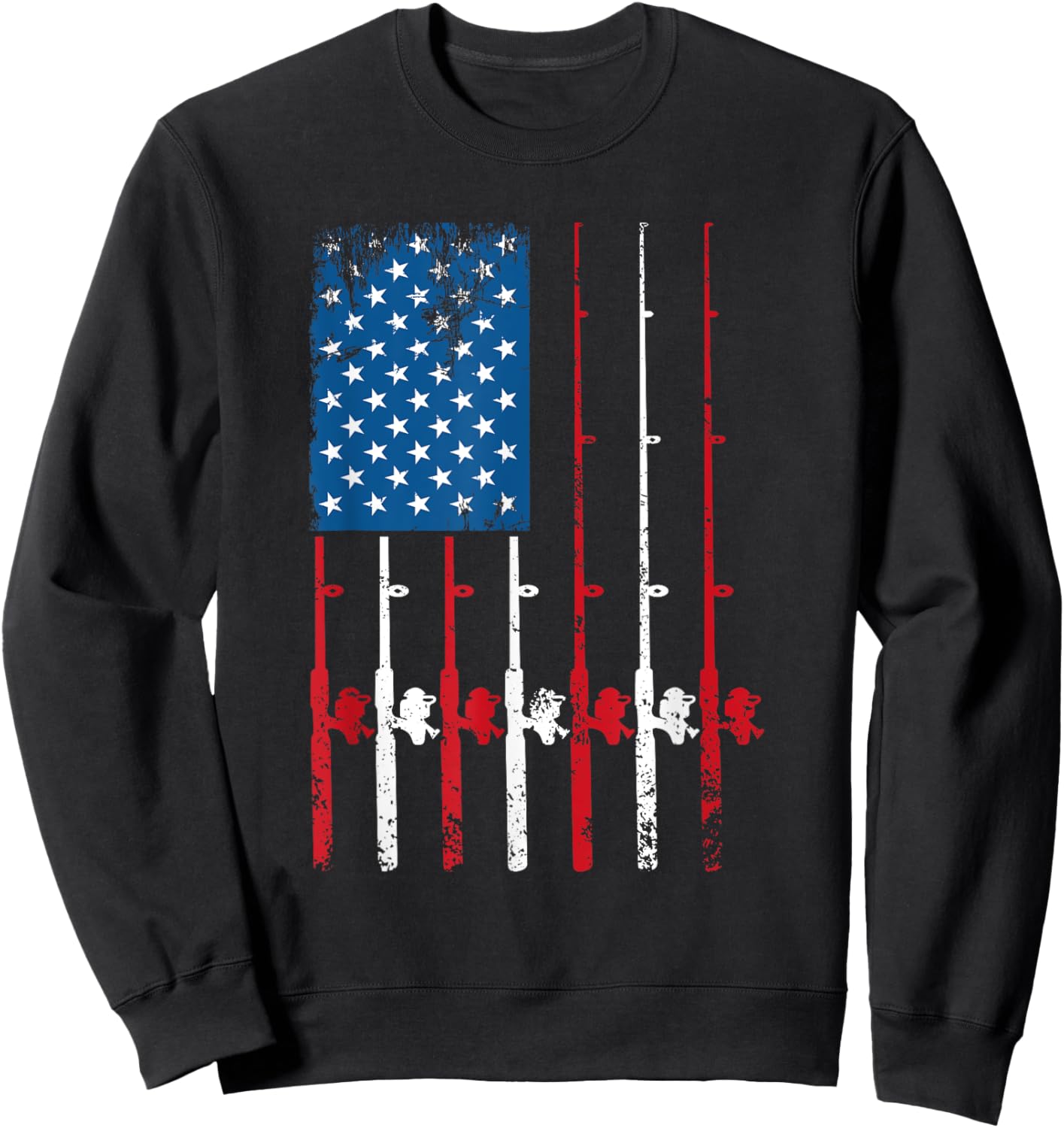 American Flag Fishing Rod Fishing Lover Vintage Fisherman Sweatshirt - Sweatshirt | Black