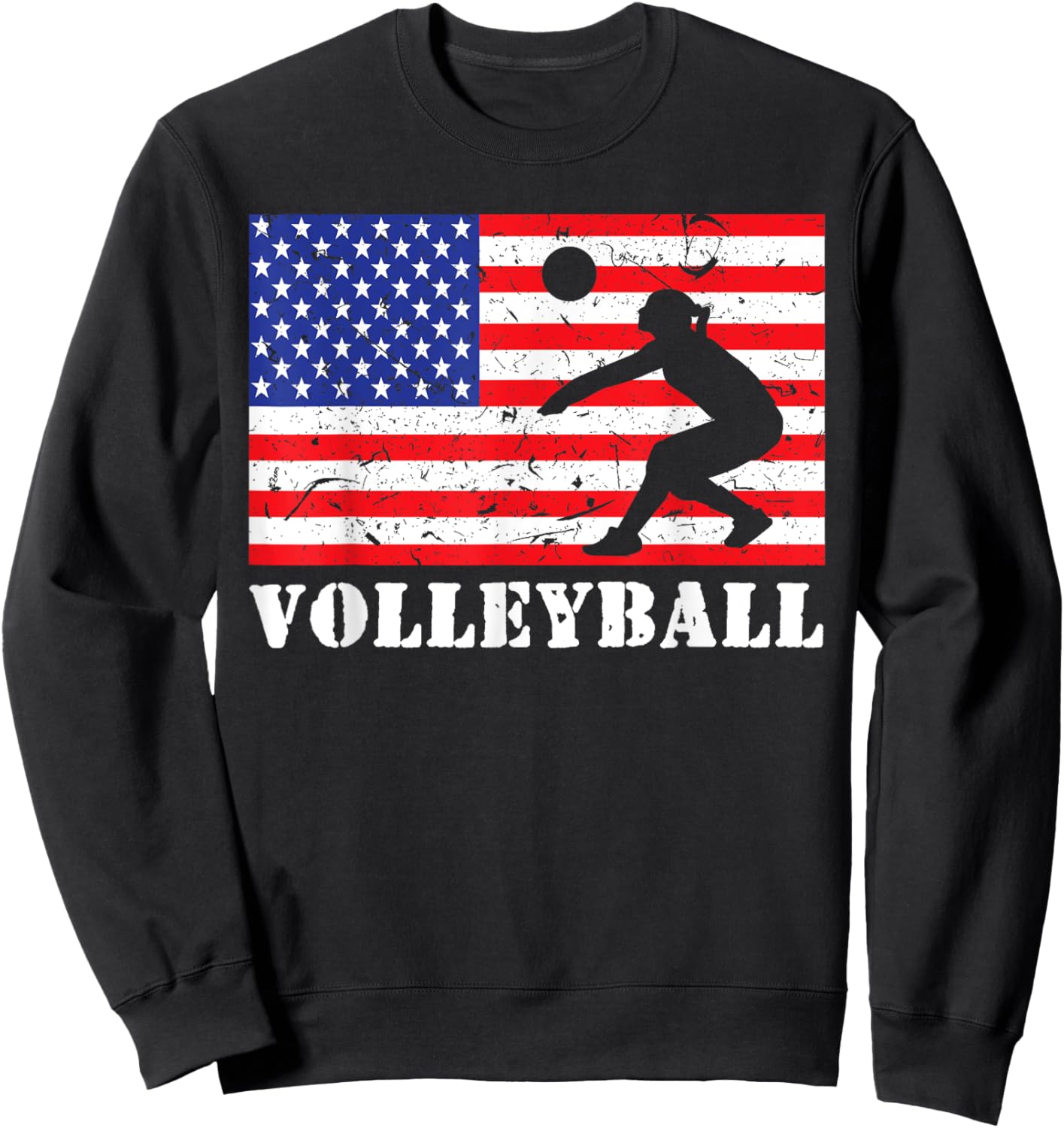 Distressed Volleyball USA American Flag Vintage Mine Player Sweatshirt - Sweatshirt | Black