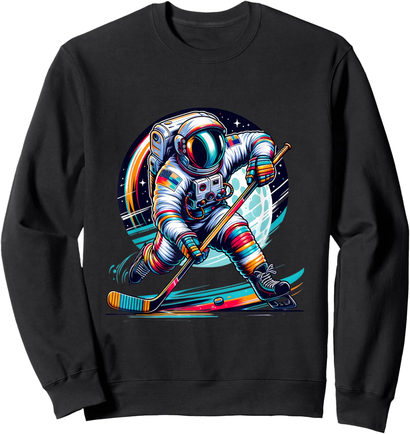 Ice Hockey Player Graphic Funny Astronaut Playing Ice Hockey Sweatshirt - Sweatshirt | Black