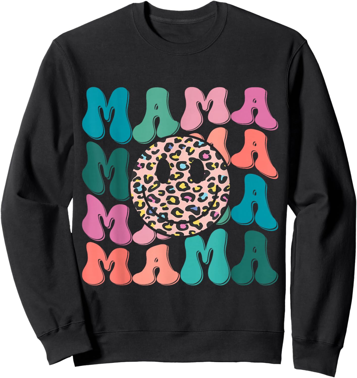 Retro Leopard Mama Groovy Face Trendy New Mom Sweatshirt - Sweatshirt | Black