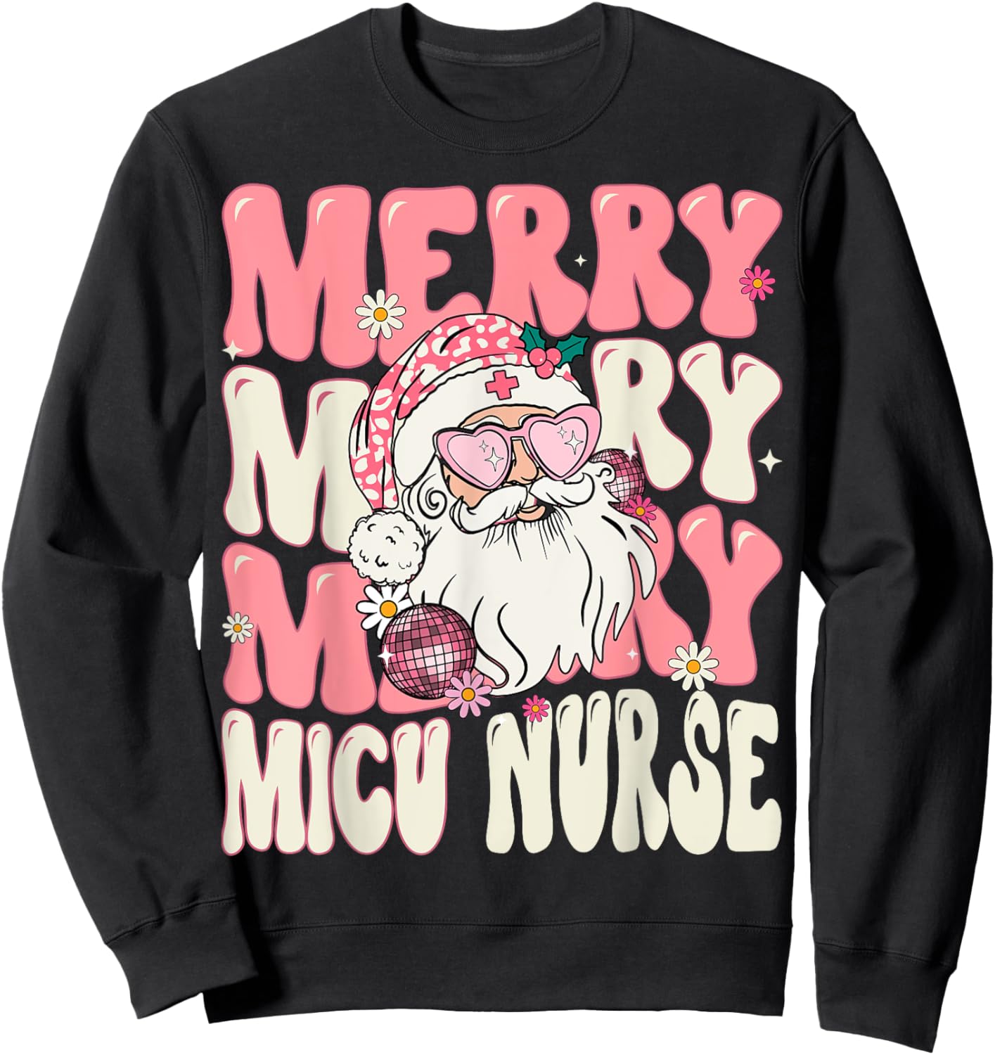 Merry MICU Nurse Christmas Retro Groovy Pink MICU Nurse Sweatshirt - Sweatshirt | Black
