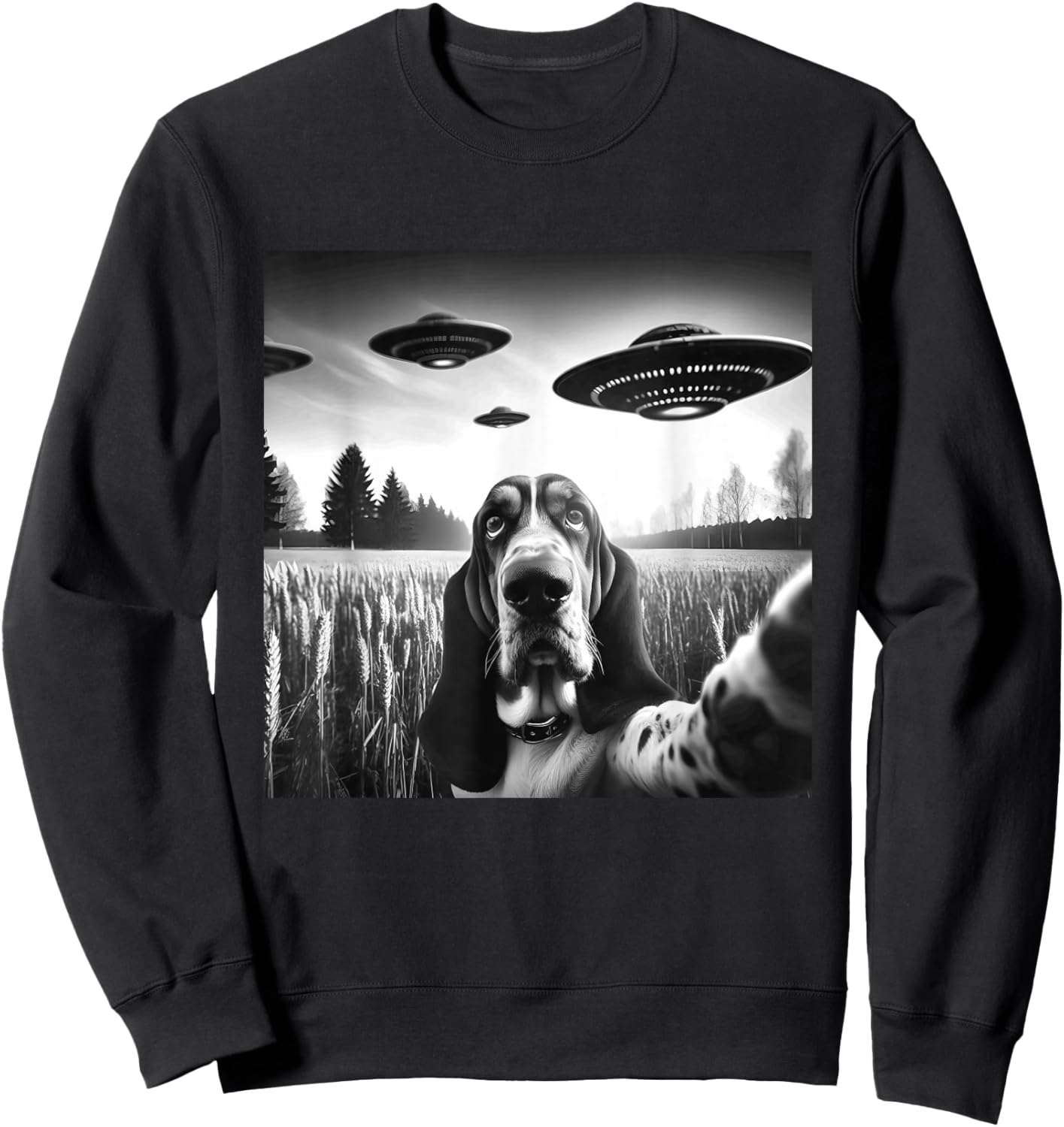 Basset Hound Funny Dog Graphic Selfie with UFOs Weird Aliens Sweatshirt - Sweatshirt | Black