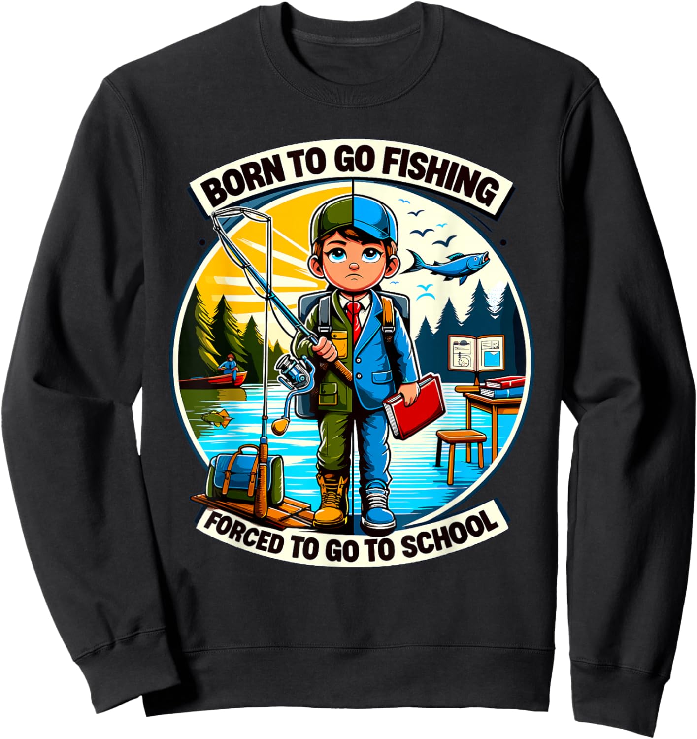 Funny Born To Go Fishing Forced To Go To School Sweatshirt - Sweatshirt | Black