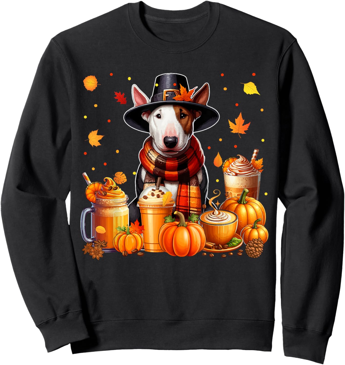 Bull Terrier Thanksgiving Drinks Coffee Fall Leaves Pumpkins Sweatshirt - Sweatshirt | Black