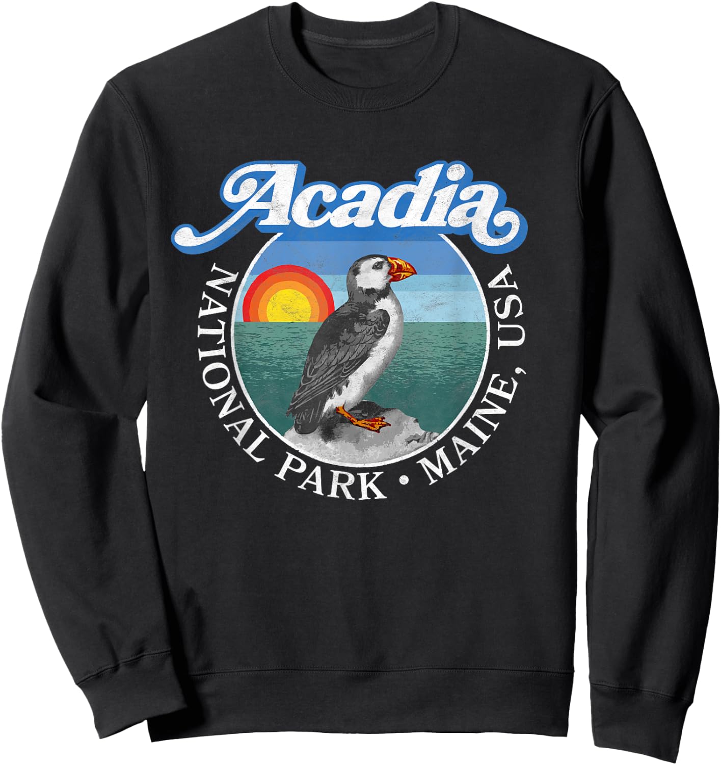 Retro Acadia National Park Vintage Maine Puffin Sweatshirt - Sweatshirt | Black