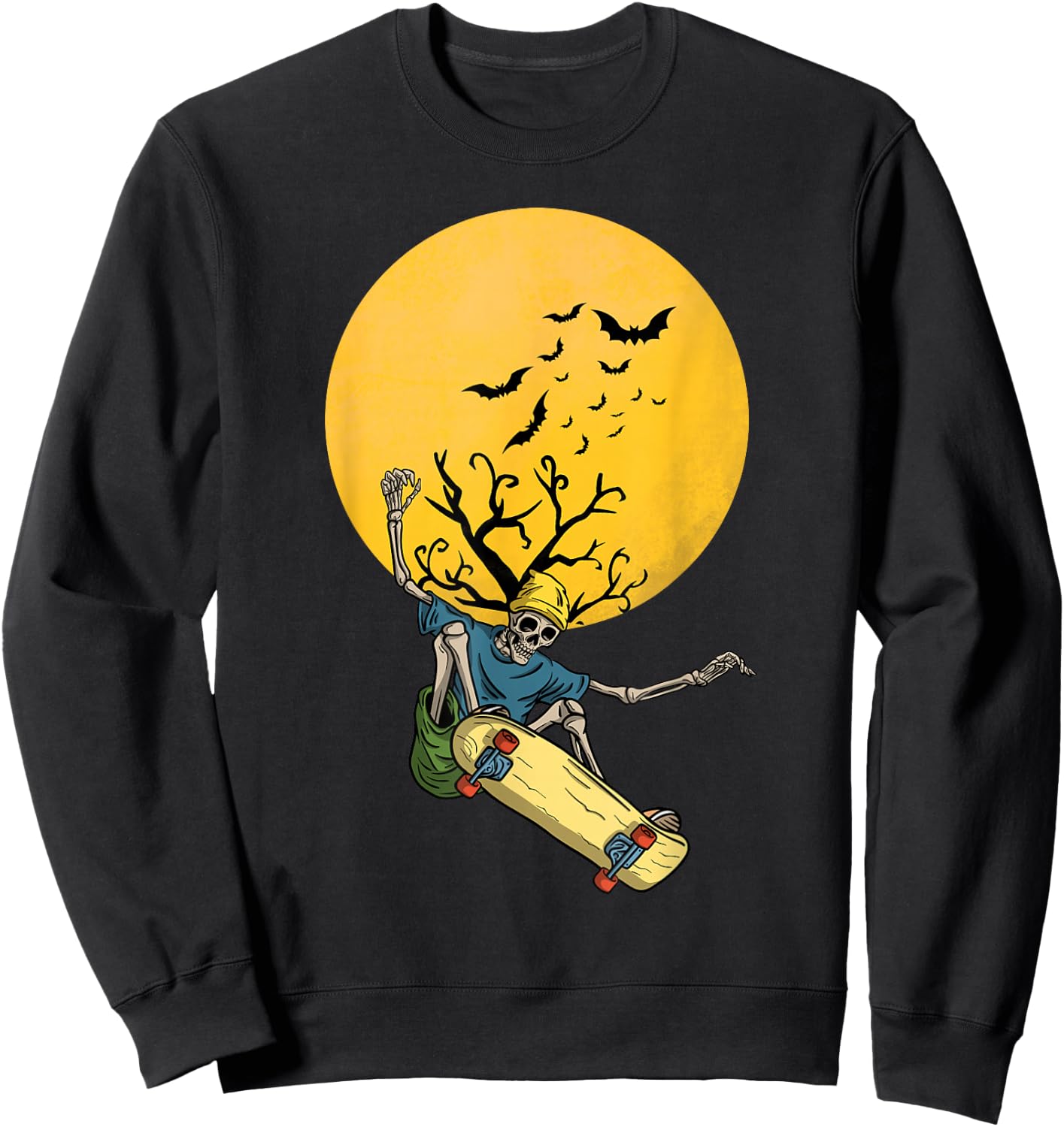 Skateboarding skeleton on the moon night with bats Halloween Sweatshirt - Sweatshirt | Black