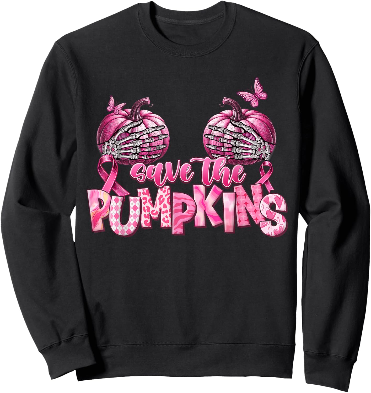 Save The Pumpkins Pink Ribbon Breast Cancer Awareness Sweatshirt - Sweatshirt | Black