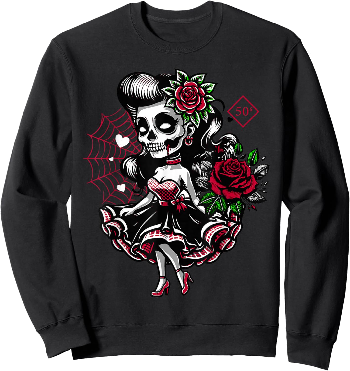 Kawaii Rockabilly Skelett Pin Up Horror Rebel Sweatshirt - Sweatshirt | Black