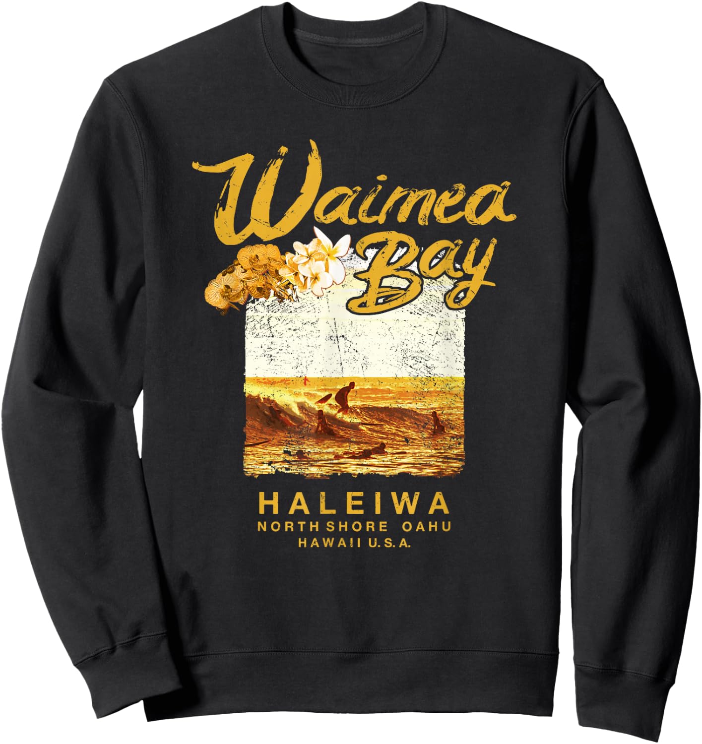 Hawaii Waimea Bay Vintage Hawaiian Surf Sweatshirt - Sweatshirt | Black