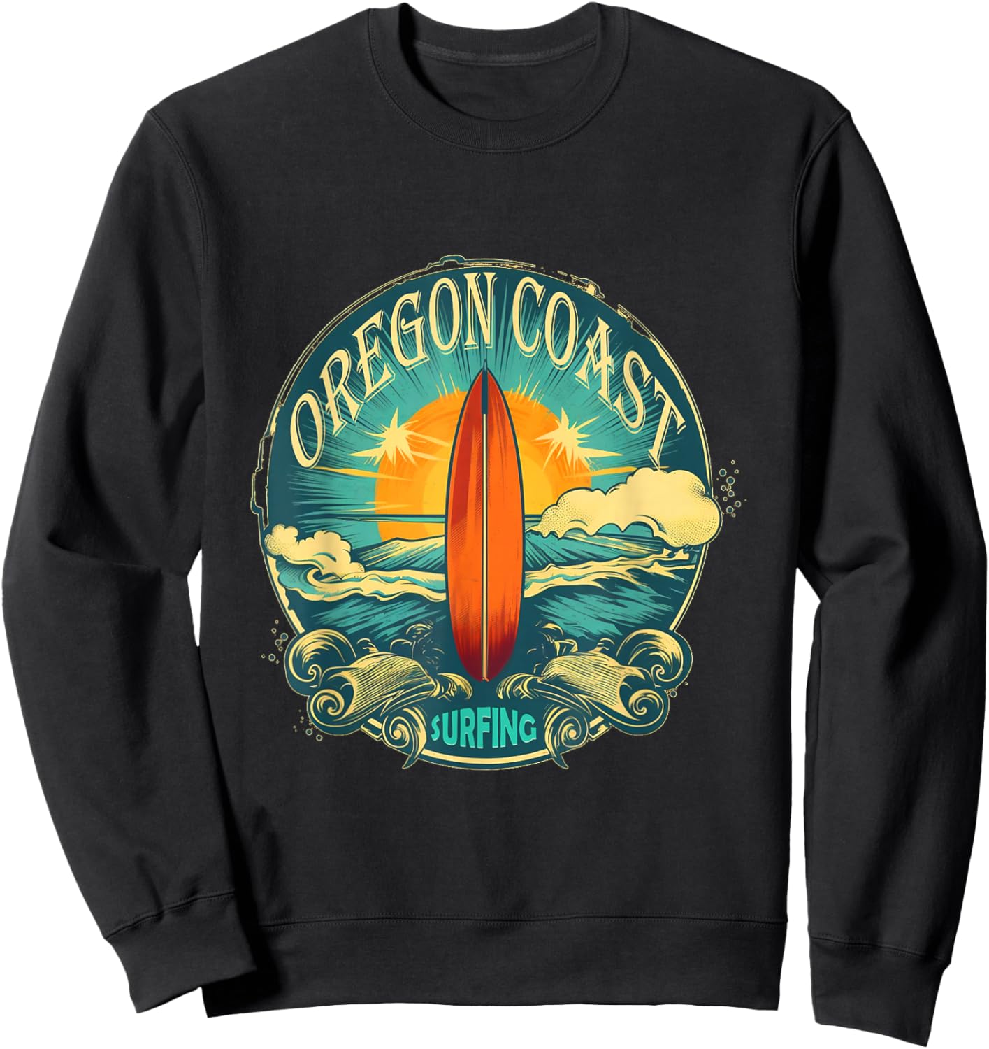 Oregon Coast Distressed Vintage Look Surf Surfing Surfboard Sweatshirt - Sweatshirt | Black