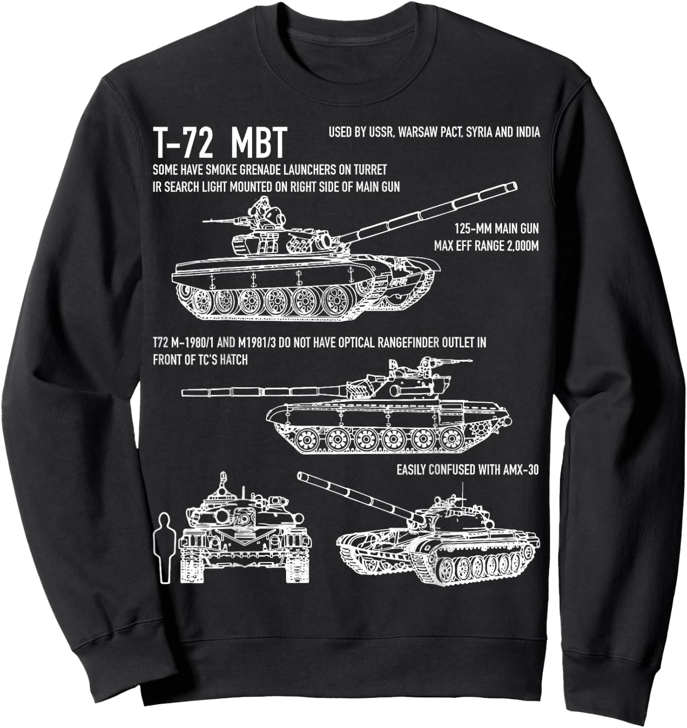 T-72 Russian Tank MBT Recognition Blueprint Sweatshirt - Sweatshirt | Black
