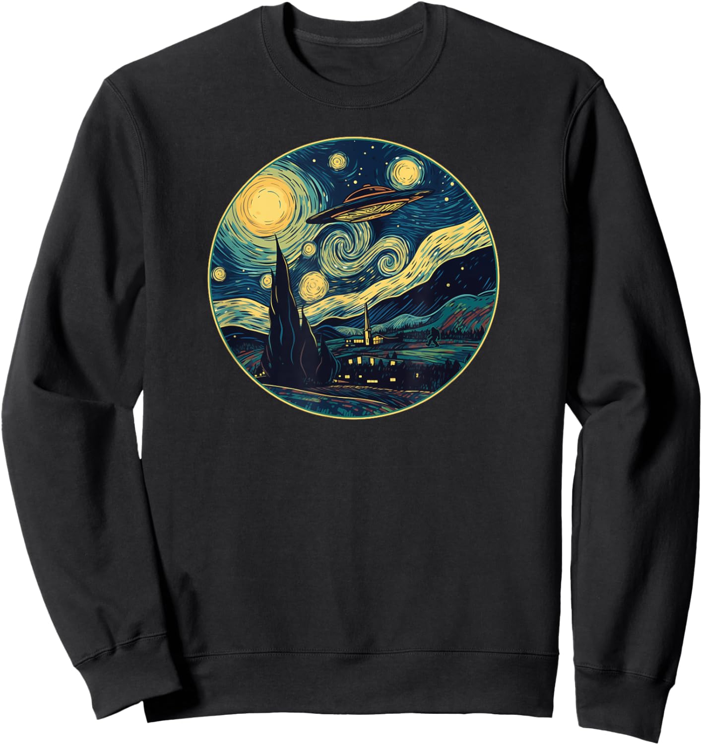 UFO Aliens and Bigfoot Impressionist Style Novelty UAP Sweatshirt - Sweatshirt | Black