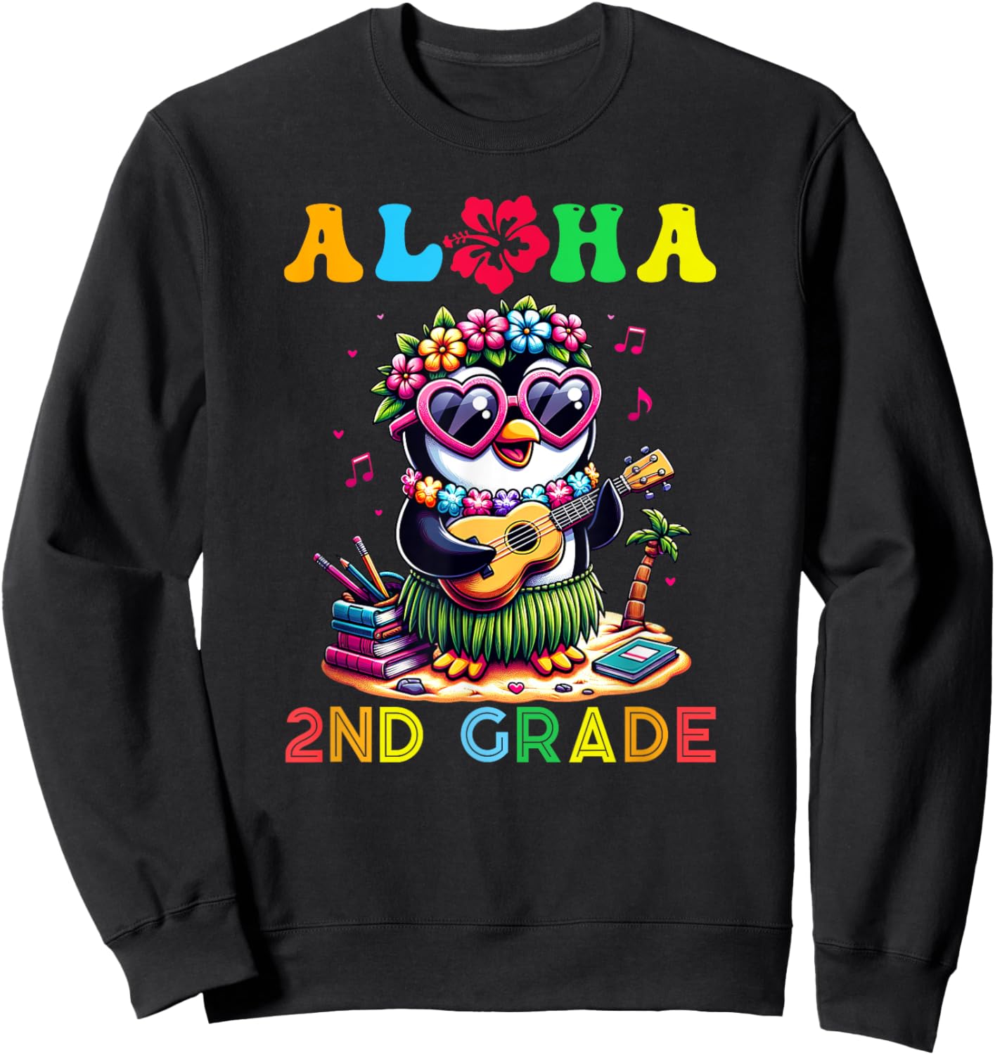Aloha Second Grade Penguin Hawaii Back to School Kids Girl Sweatshirt - Sweatshirt | Black