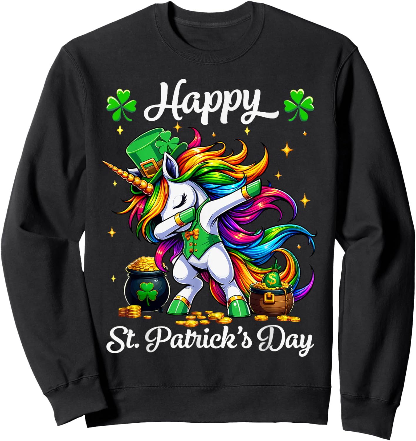 St Patricks Day Dabbing Unicorn Girls Happy St Paddys day Sweatshirt - Sweatshirt | Black