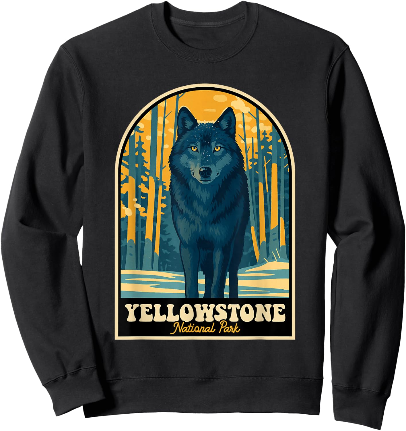 Yellowstone Wolf Vintage National Park Poster Sweatshirt - Sweatshirt | Black
