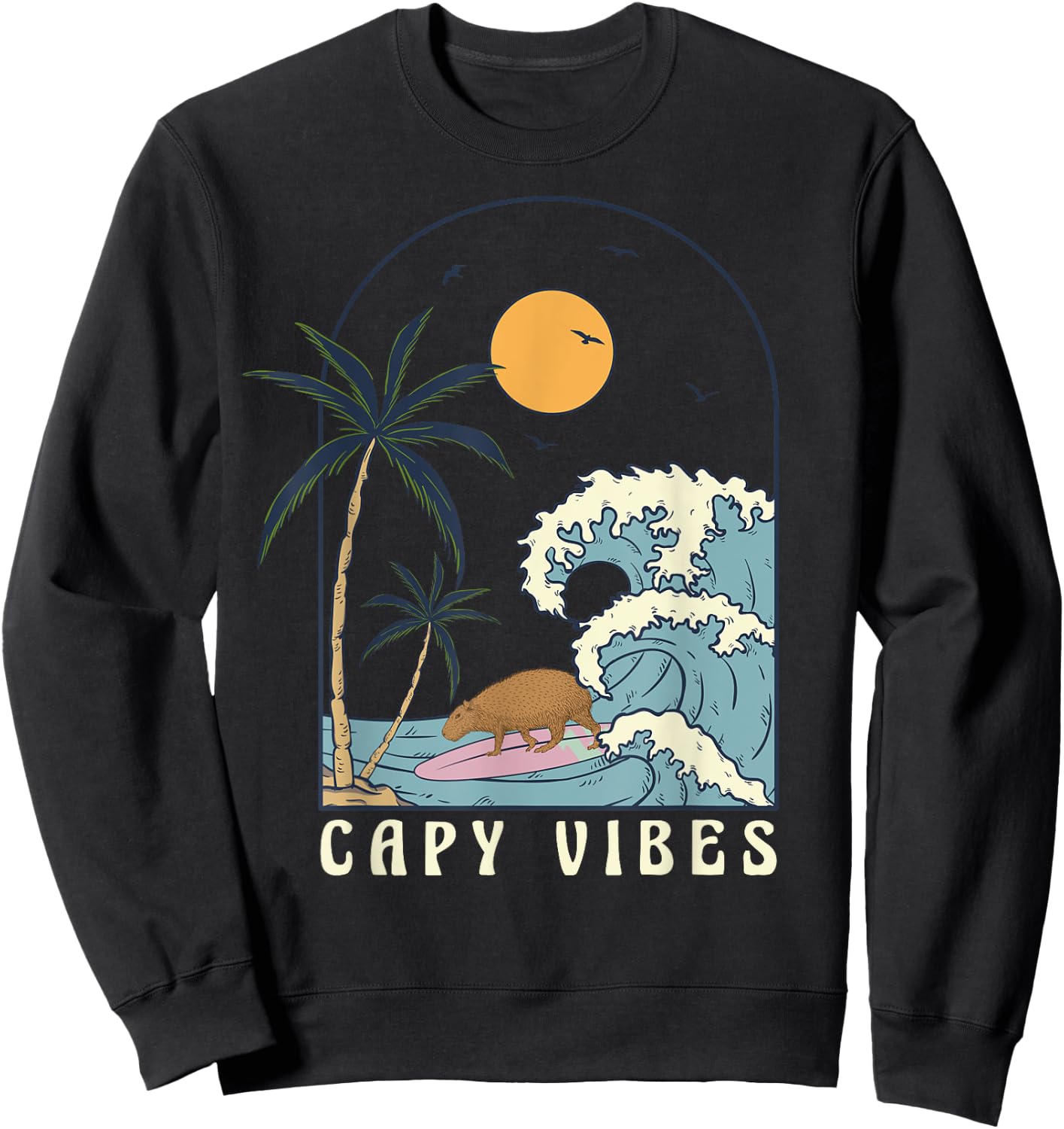 Capybara Surfing at Beach Sunset Summer Surf Capy Vibes Women Girls Kids Sweatshirt - Sweatshirt | Black