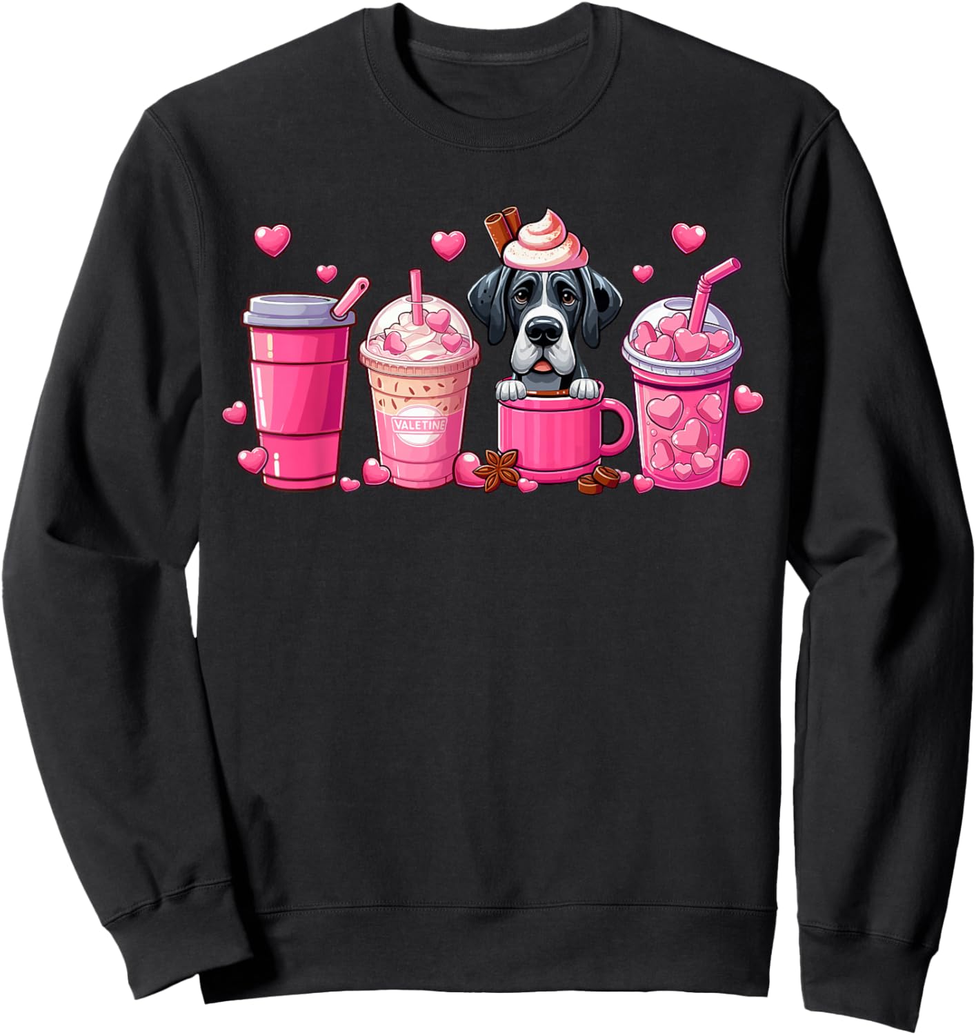 Great Dane Inside Cup Coffees Lover Valentine's Day Hearts Sweatshirt - Sweatshirt | Black
