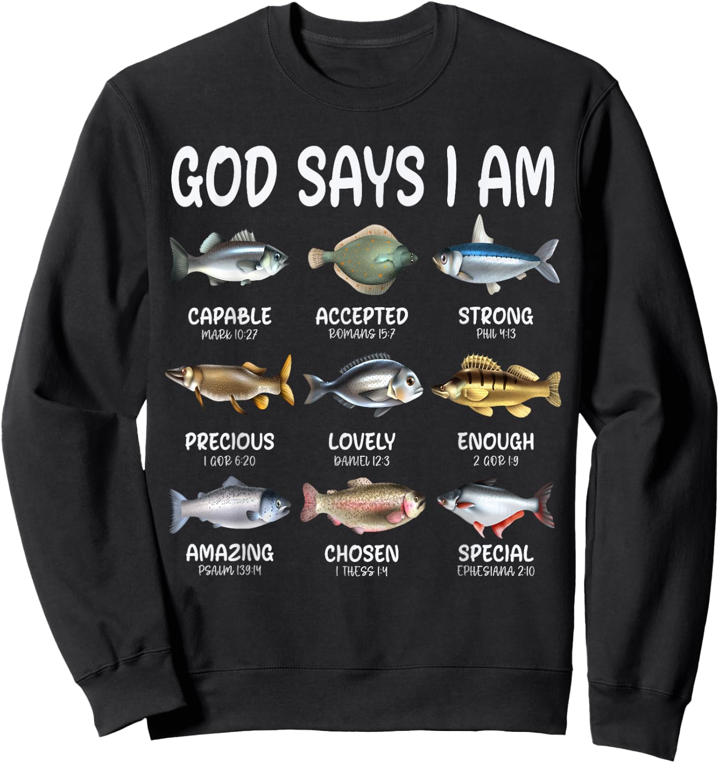 God Says I Am Christian Boys Girls Kids Fishing Fish Graphic Sweatshirt - Sweatshirt | Black