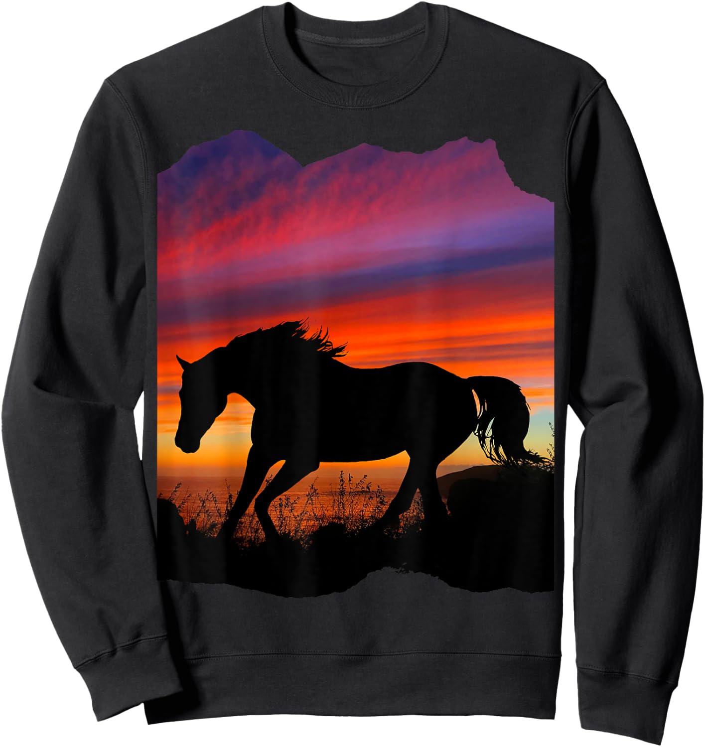 Beautiful Arabian horse sunset silhouette orange purple blue Sweatshirt - Sweatshirt | Black