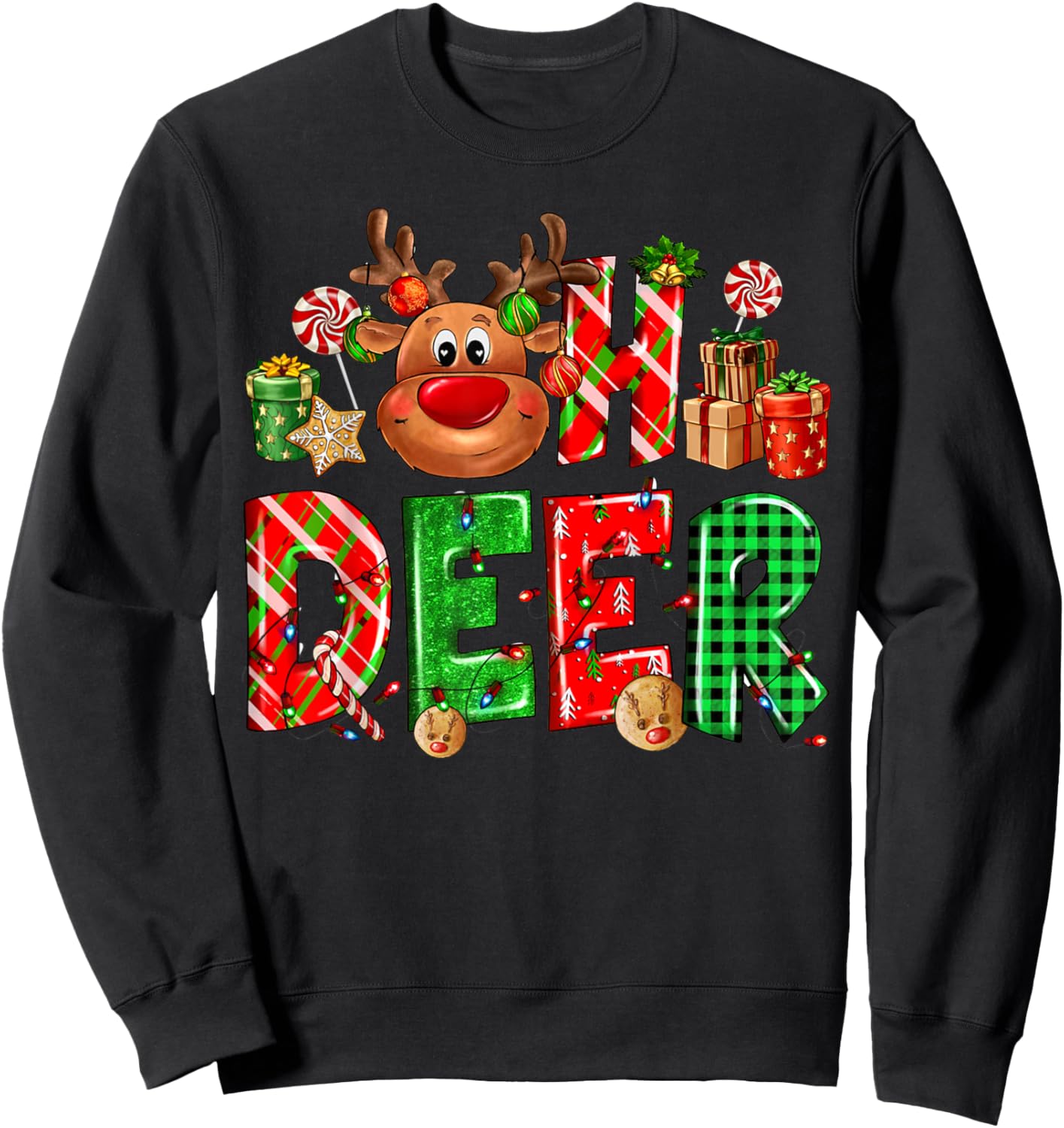 Oh deer Reindeer Merry Christmas Happy New Year Sweatshirt - Sweatshirt | Black