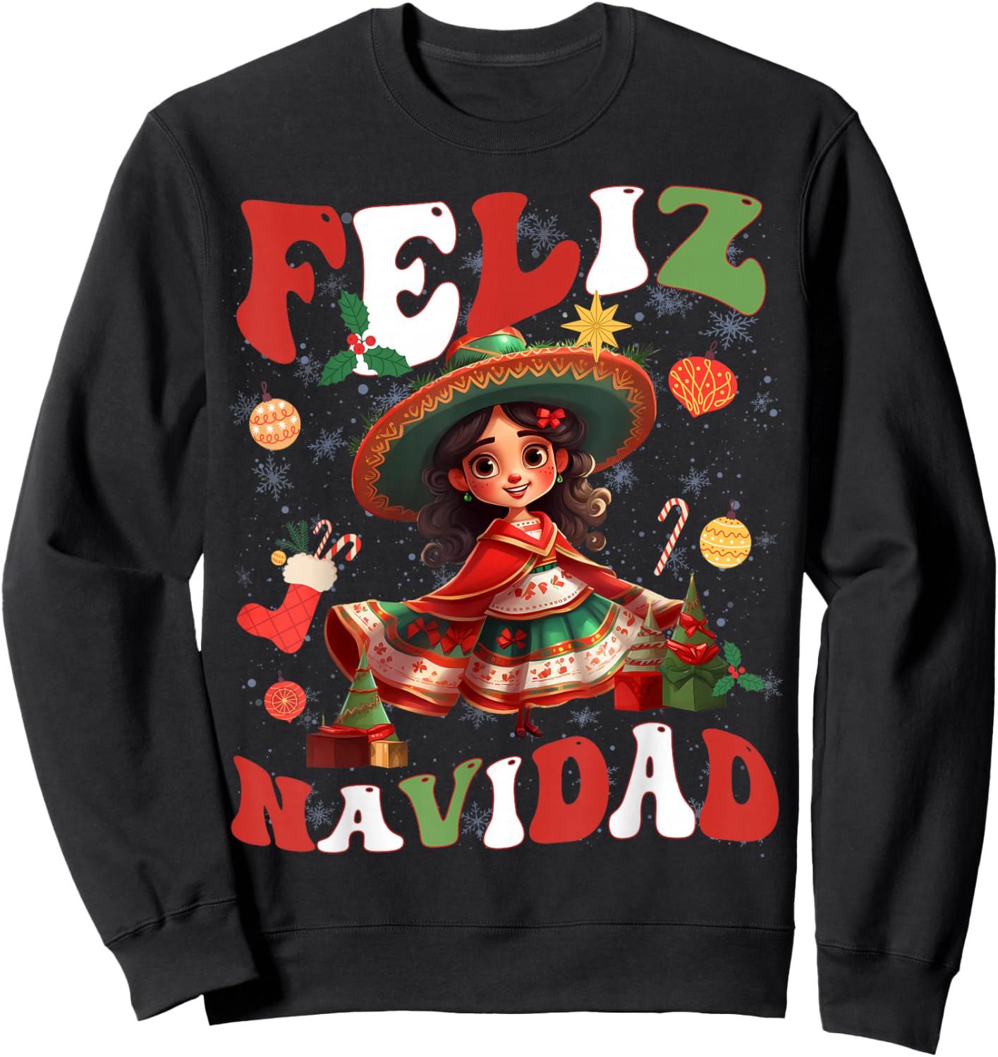 Girls Vintage Feliz Navidad Retro Christmas Spanish Xmas Sweatshirt - Sweatshirt | Black