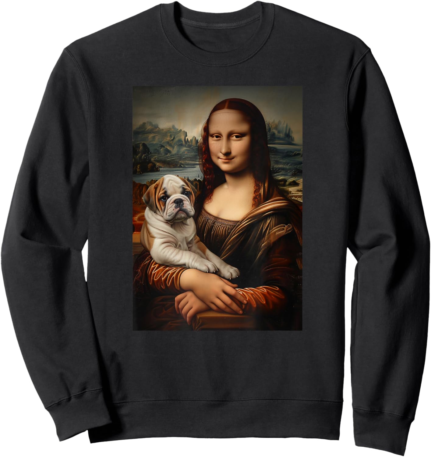 English Bulldog Mona Lisa Painting Art Dog Mom Dad Women Girls Kids Sweatshirt - Sweatshirt | Black