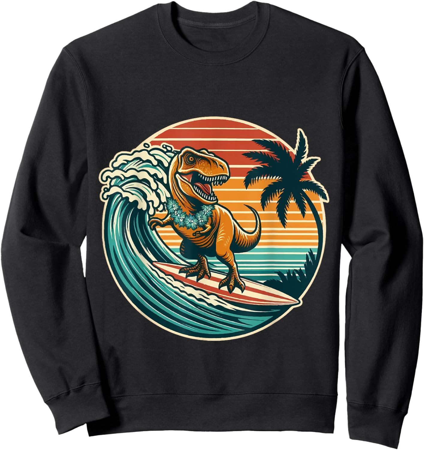 Surfing Trex Hawaiian Dinosaur Surfboard Retro Surf Lovers Sweatshirt - Sweatshirt | Black