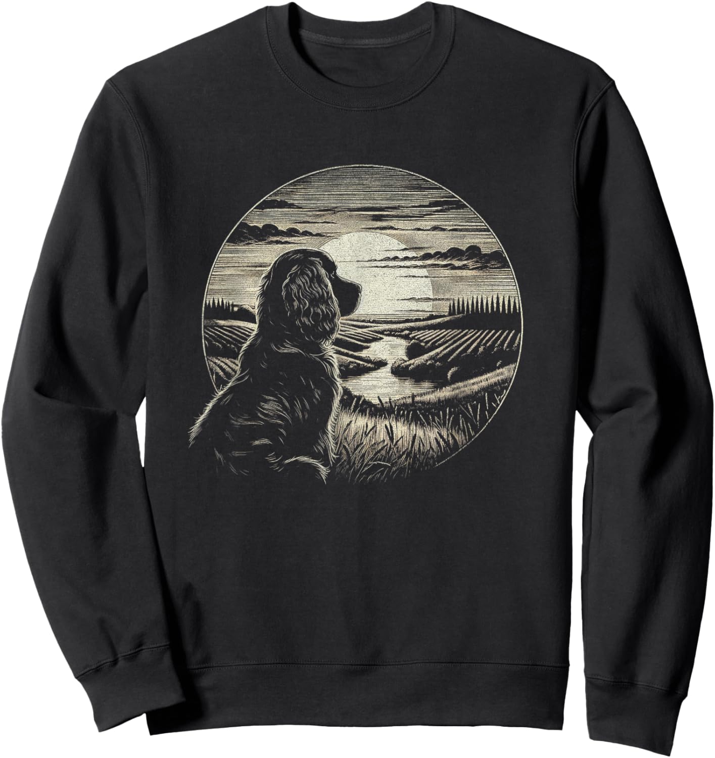 Vintage Boykin Spaniel Dog Retro Sunset Scene Art Design Sweatshirt - Sweatshirt | Black